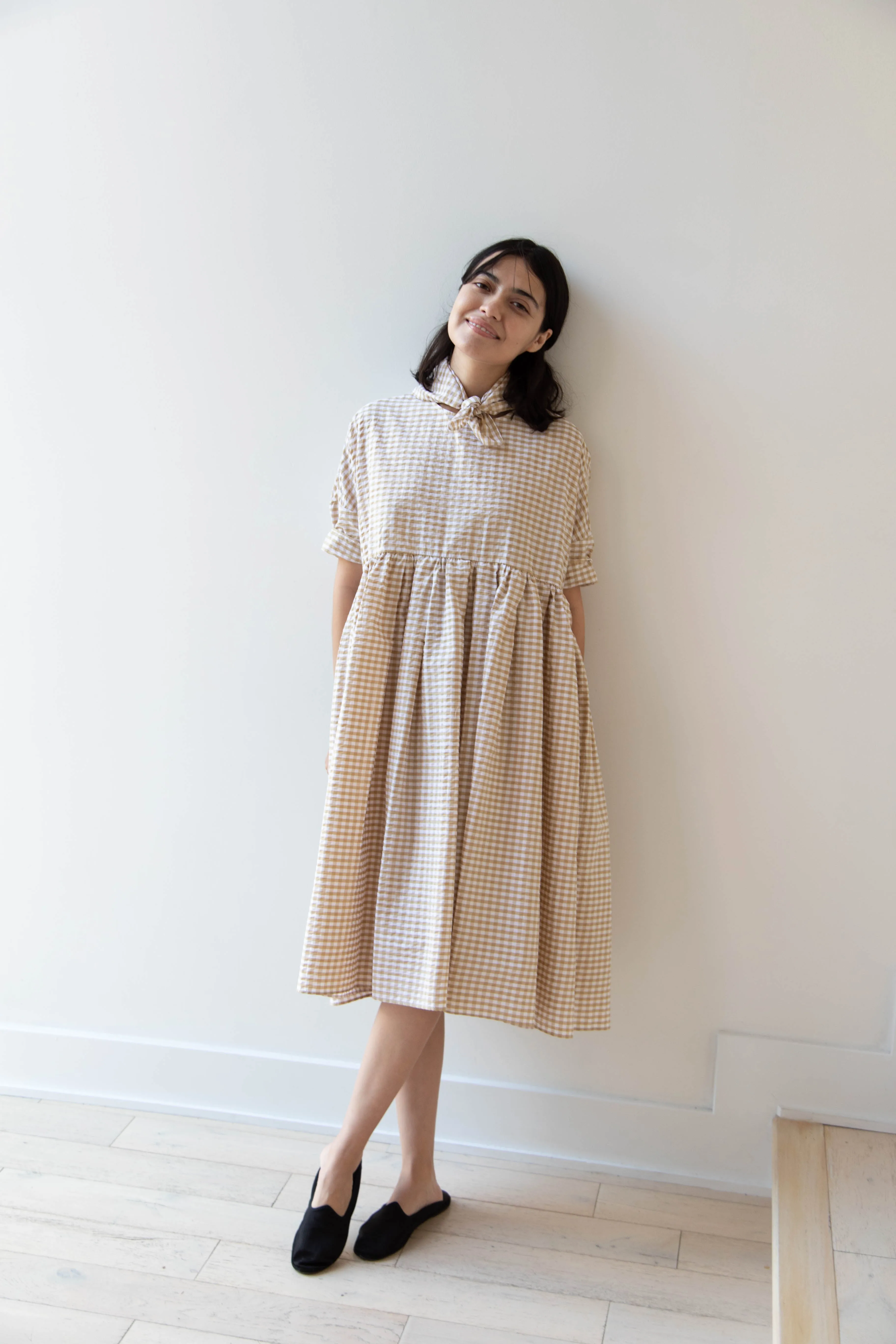 Gram | Ripple Gingham Gather Dress in Ochre