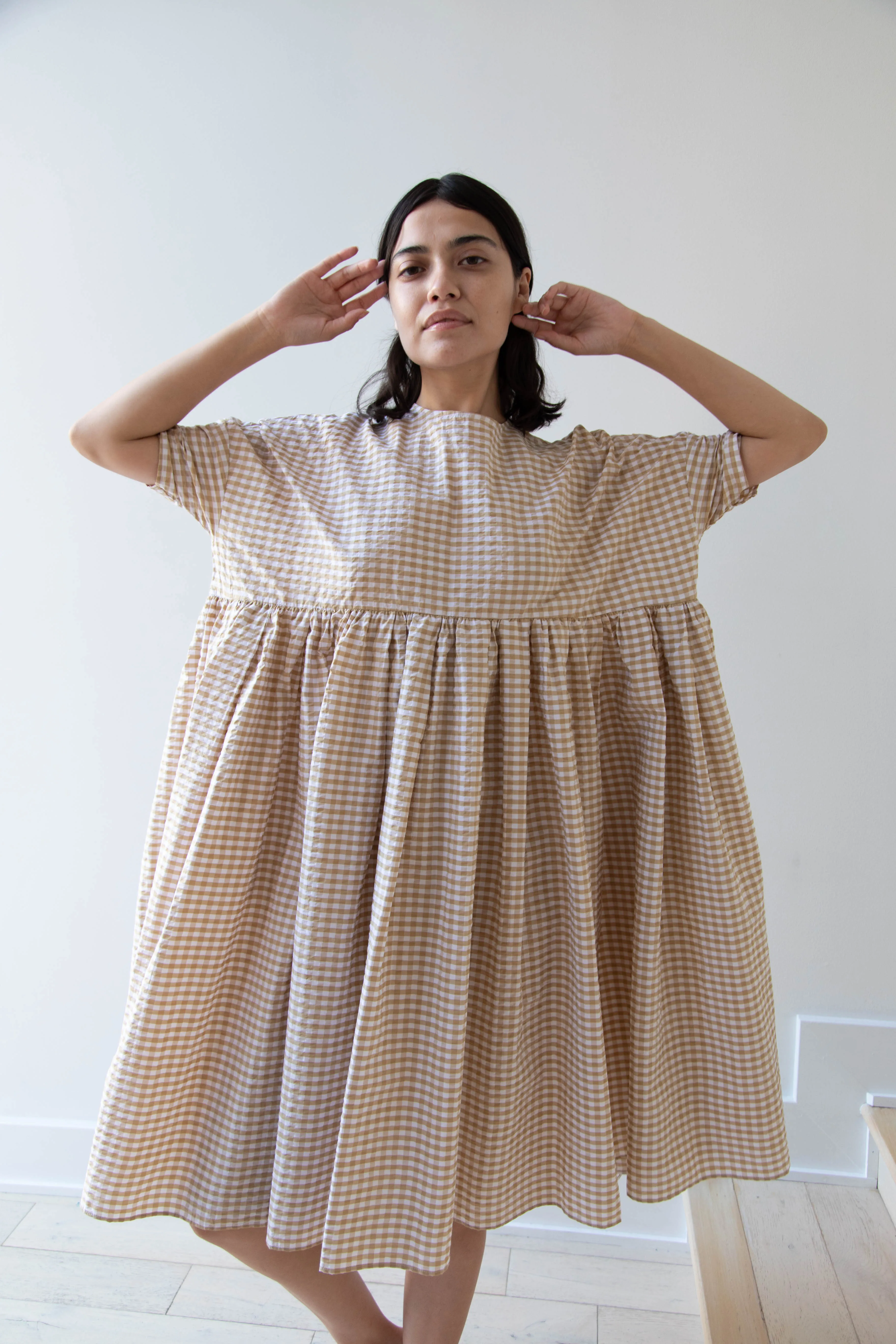 Gram | Ripple Gingham Gather Dress in Ochre