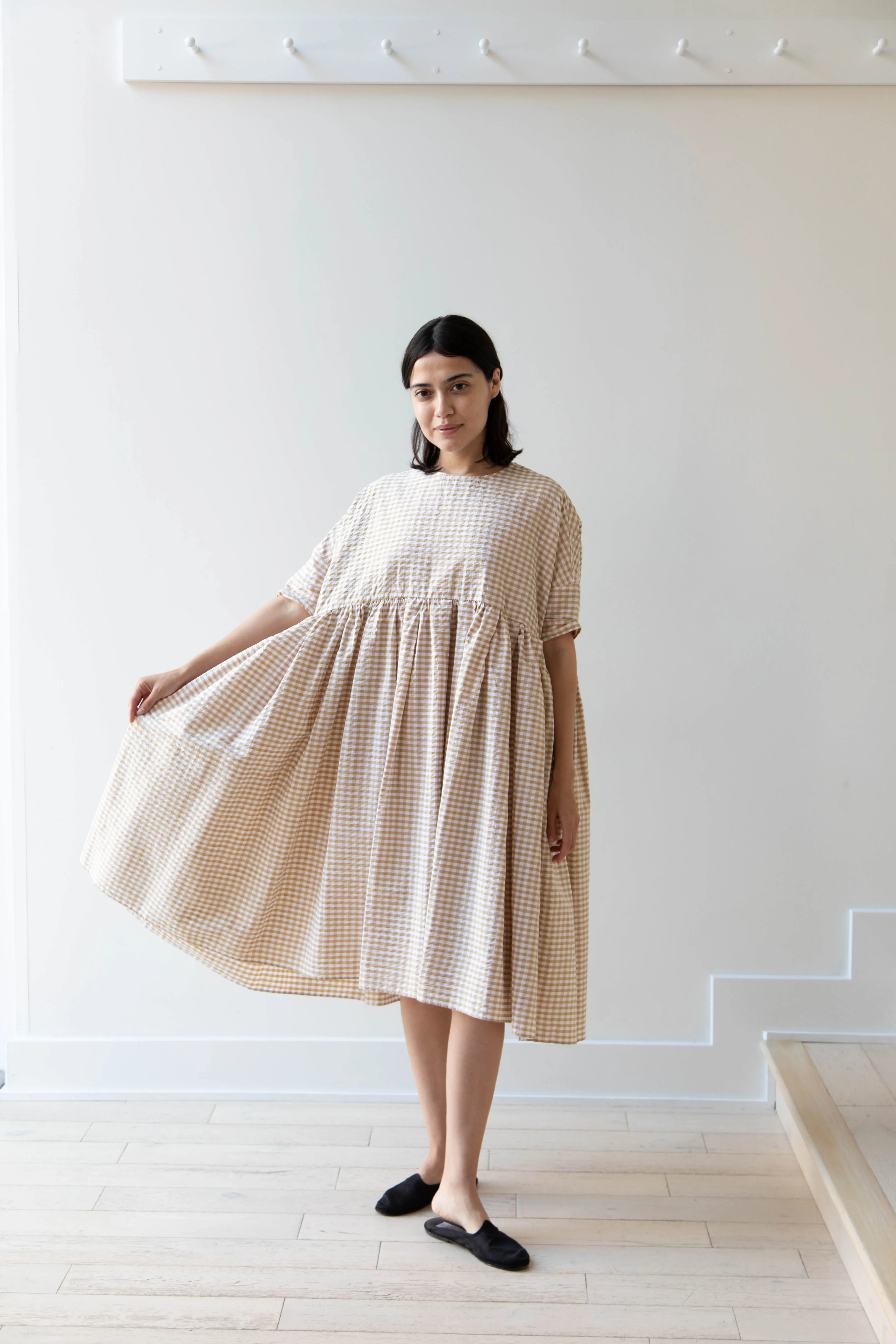 Gram | Ripple Gingham Gather Dress in Ochre