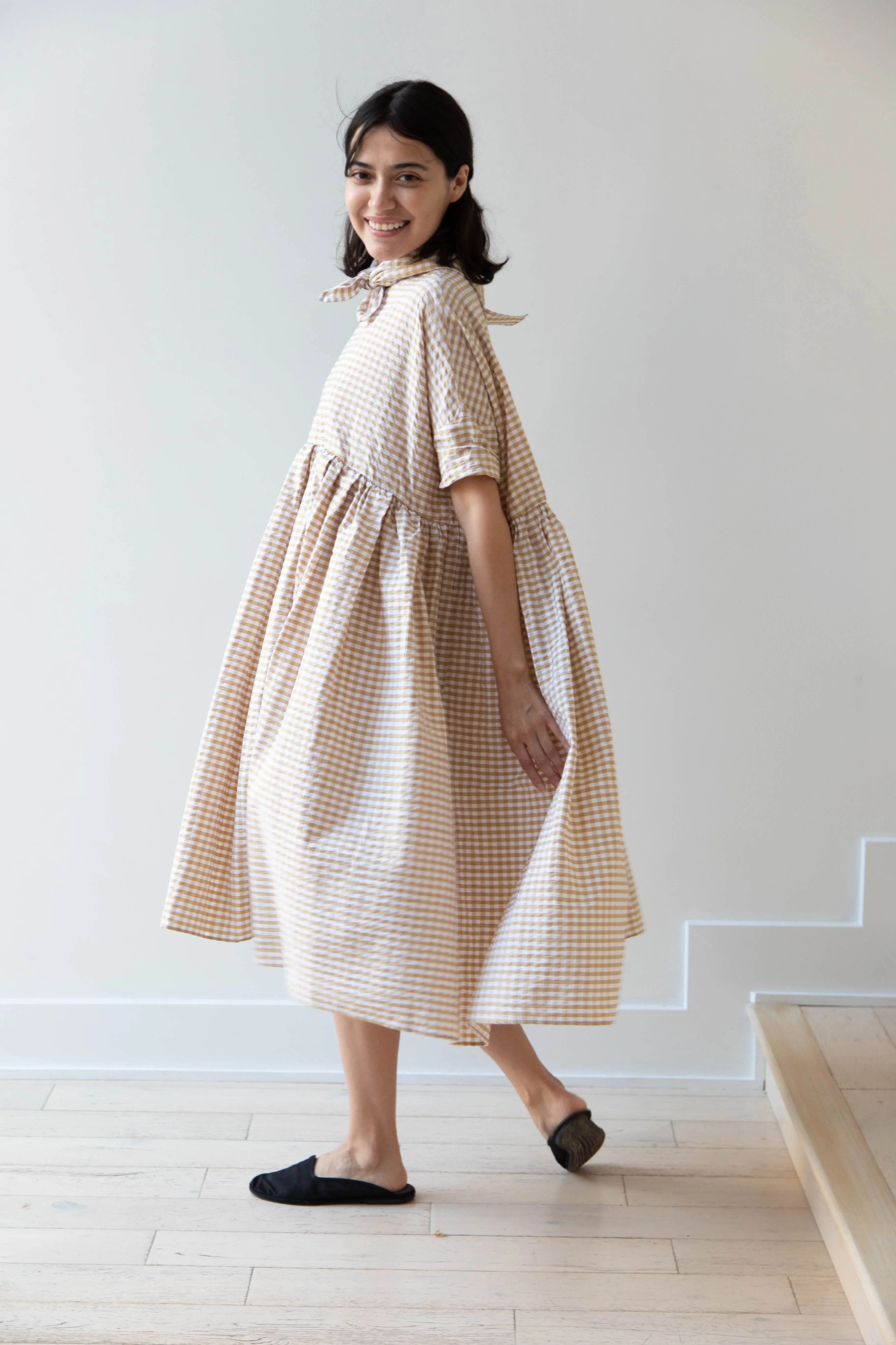 Gram | Ripple Gingham Gather Dress in Ochre