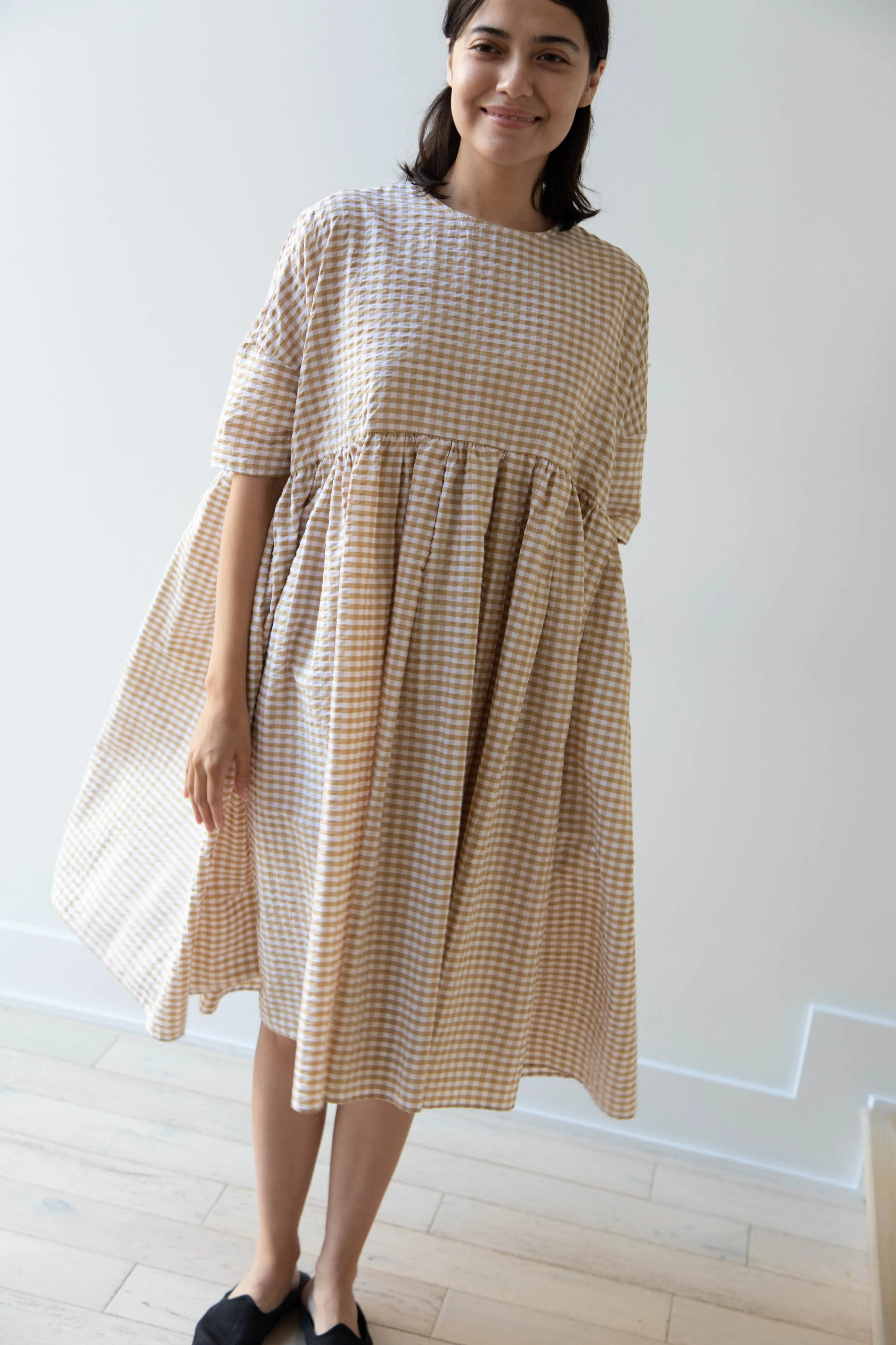 Gram | Ripple Gingham Gather Dress in Ochre