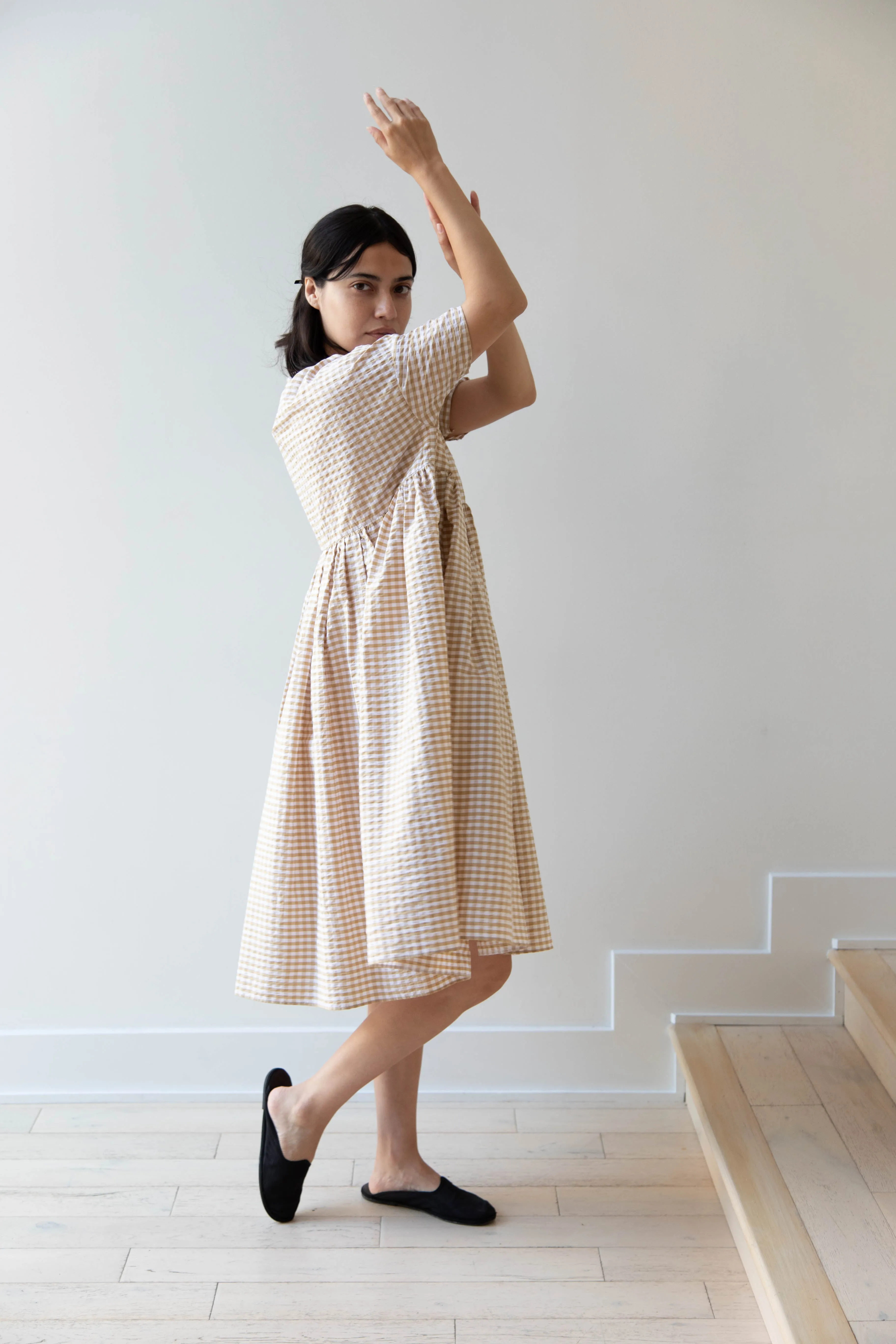 Gram | Ripple Gingham Gather Dress in Ochre