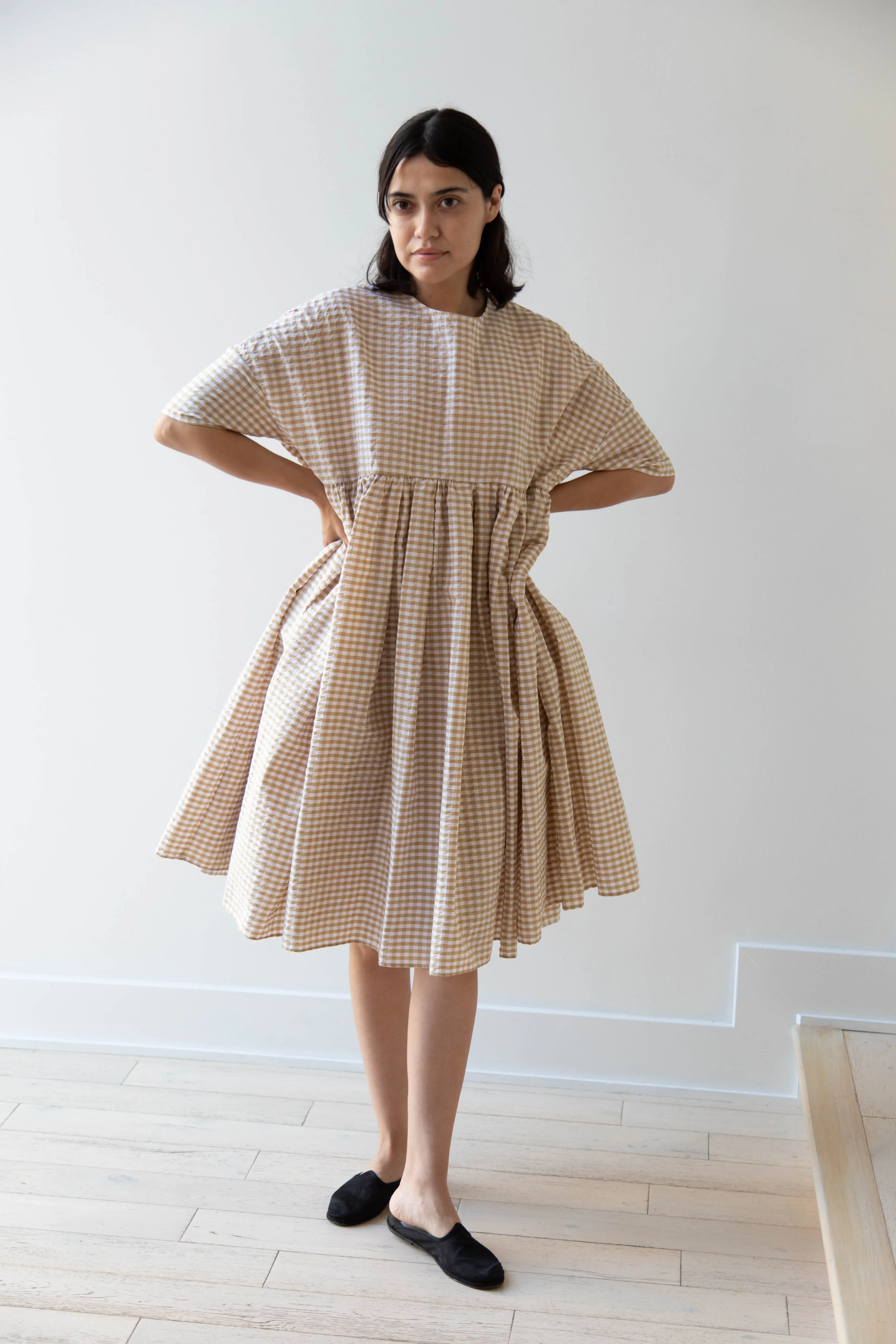 Gram | Ripple Gingham Gather Dress in Ochre