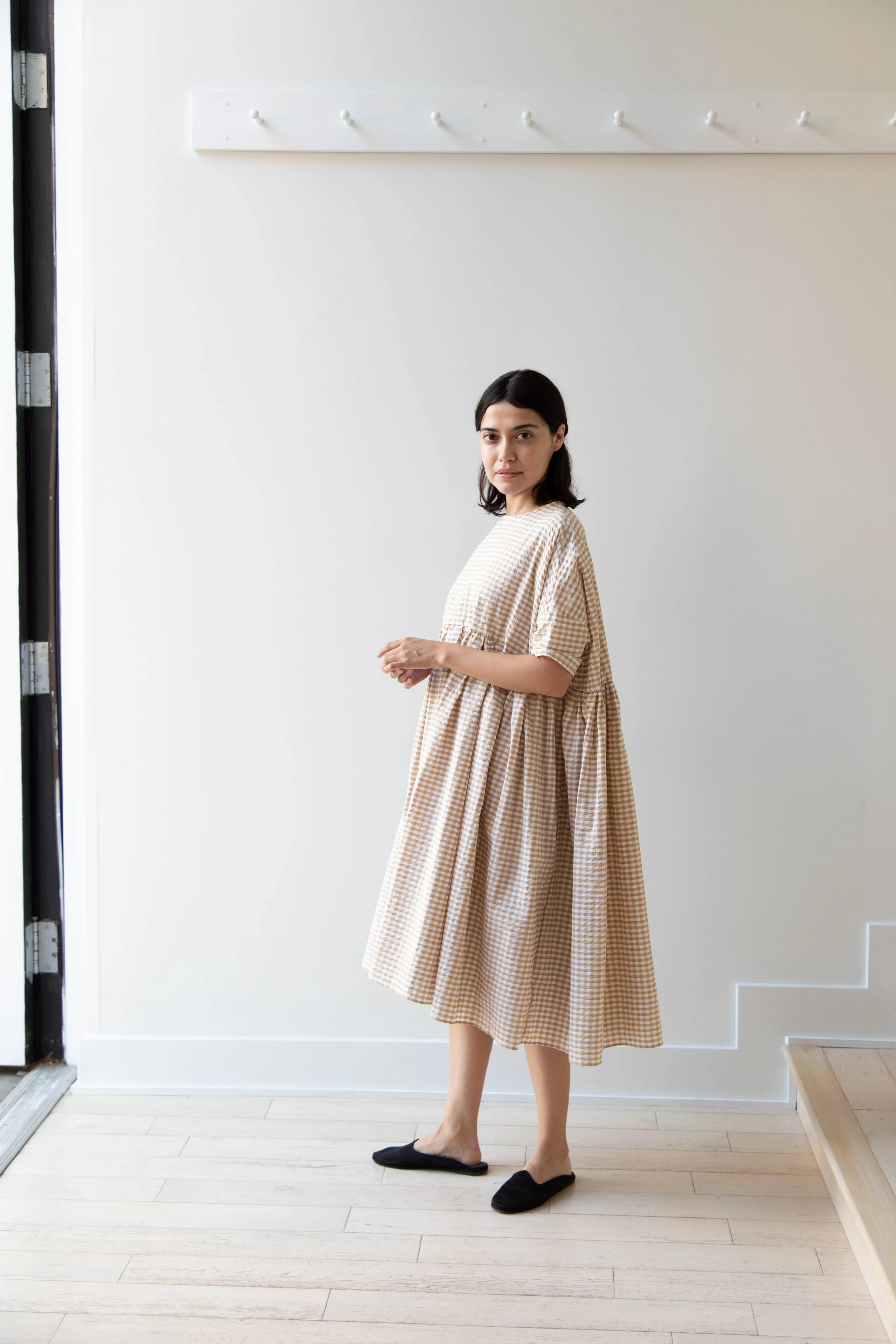 Gram | Ripple Gingham Gather Dress in Ochre