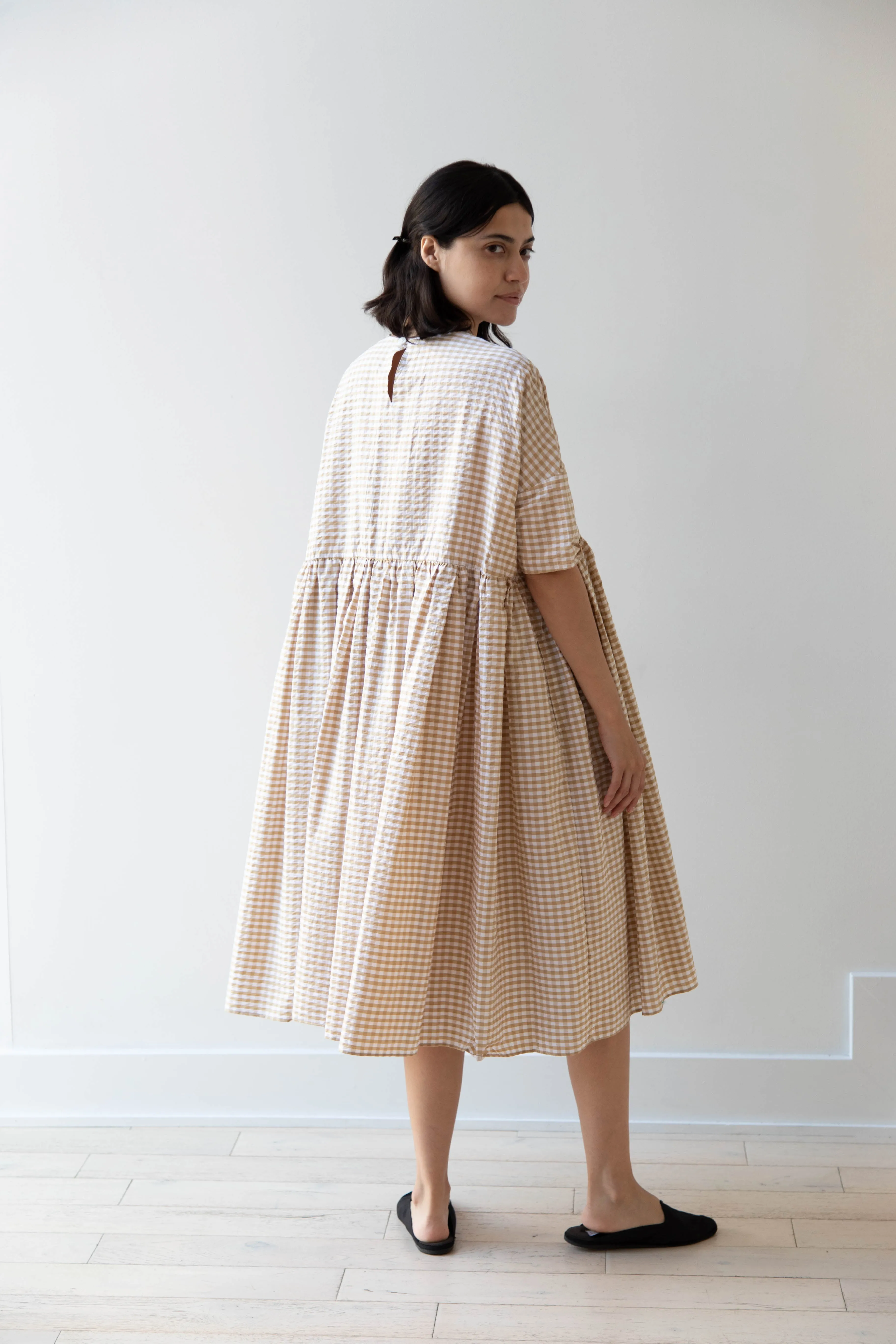 Gram | Ripple Gingham Gather Dress in Ochre