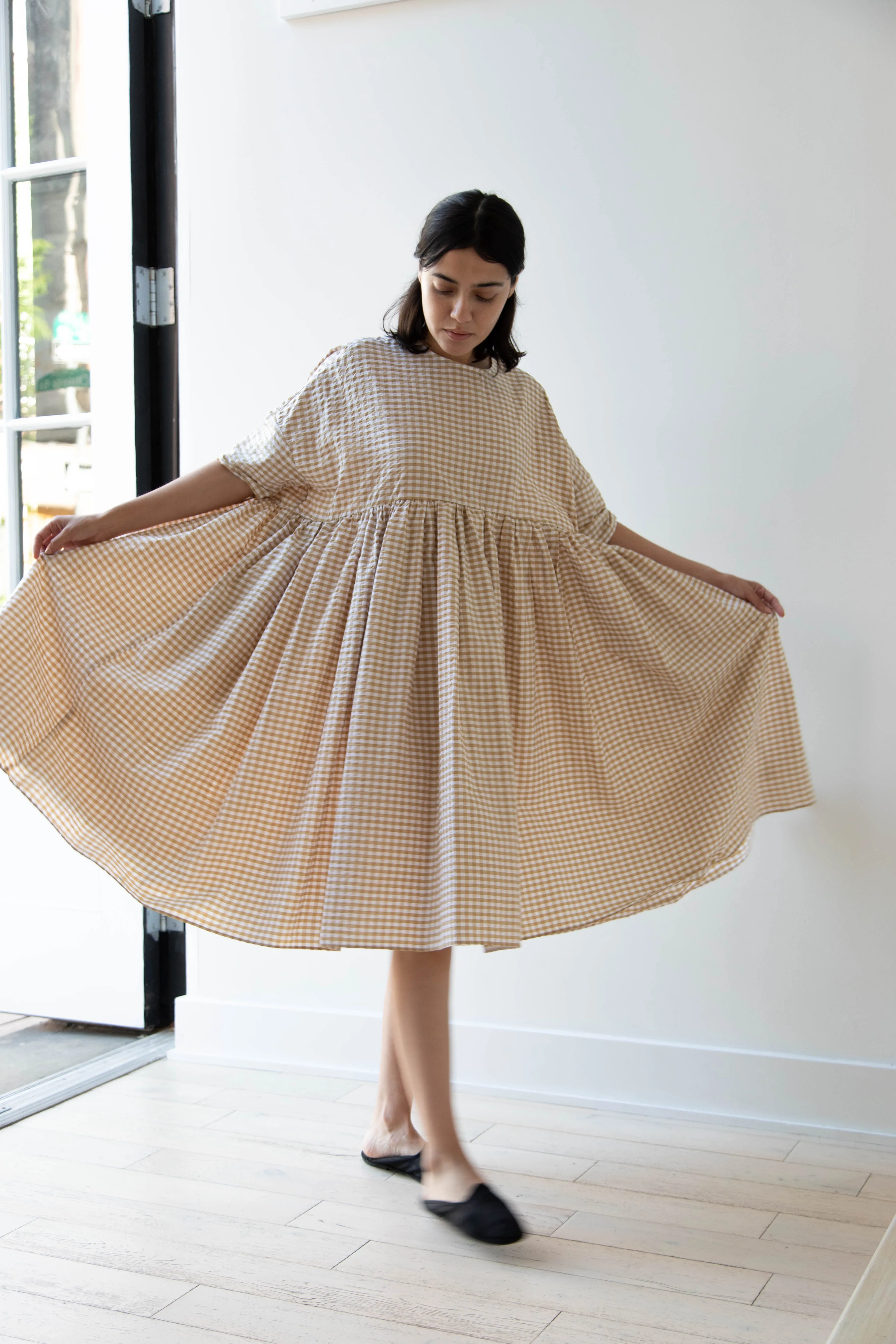 Gram | Ripple Gingham Gather Dress in Ochre