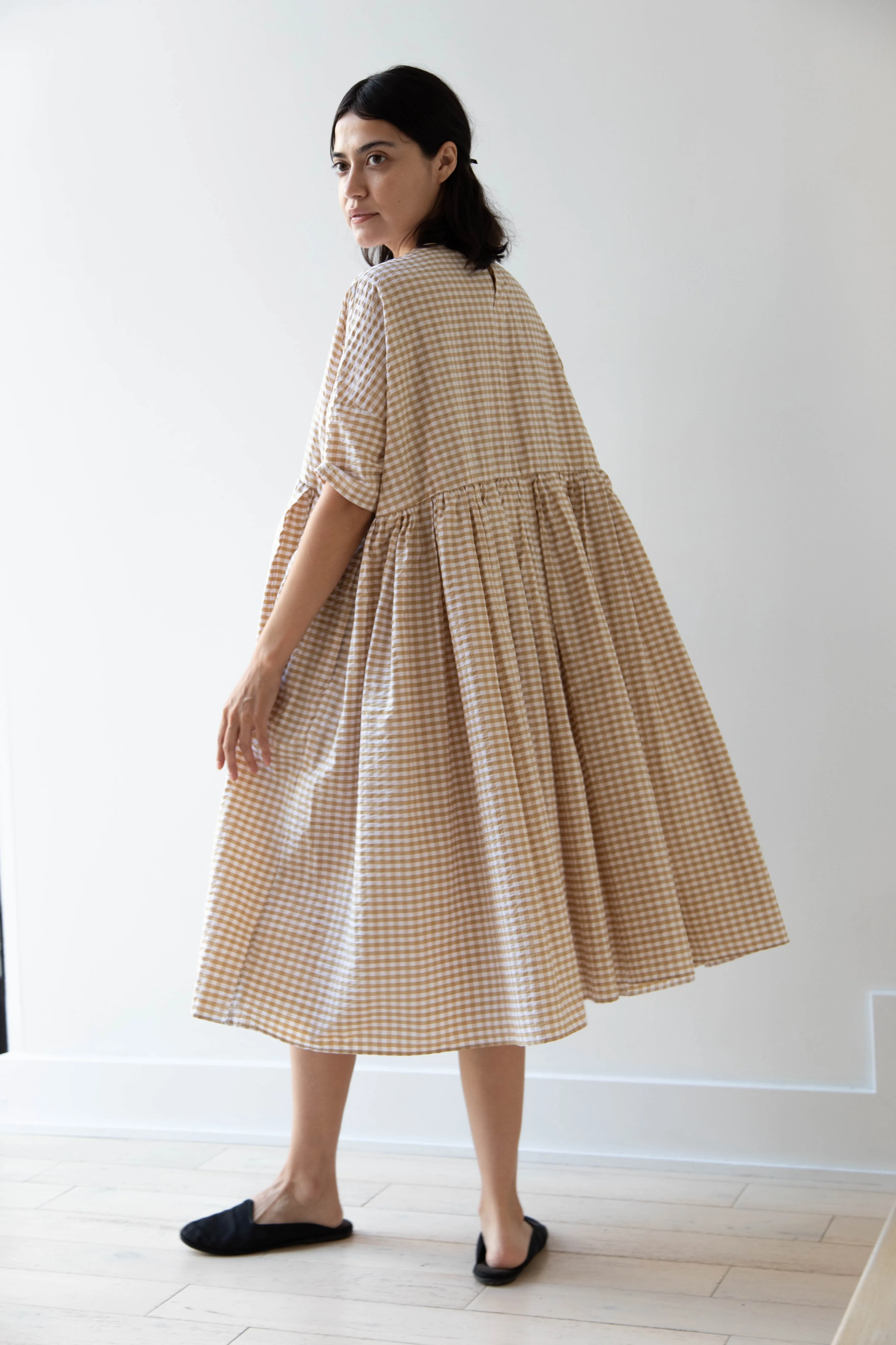 Gram | Ripple Gingham Gather Dress in Ochre