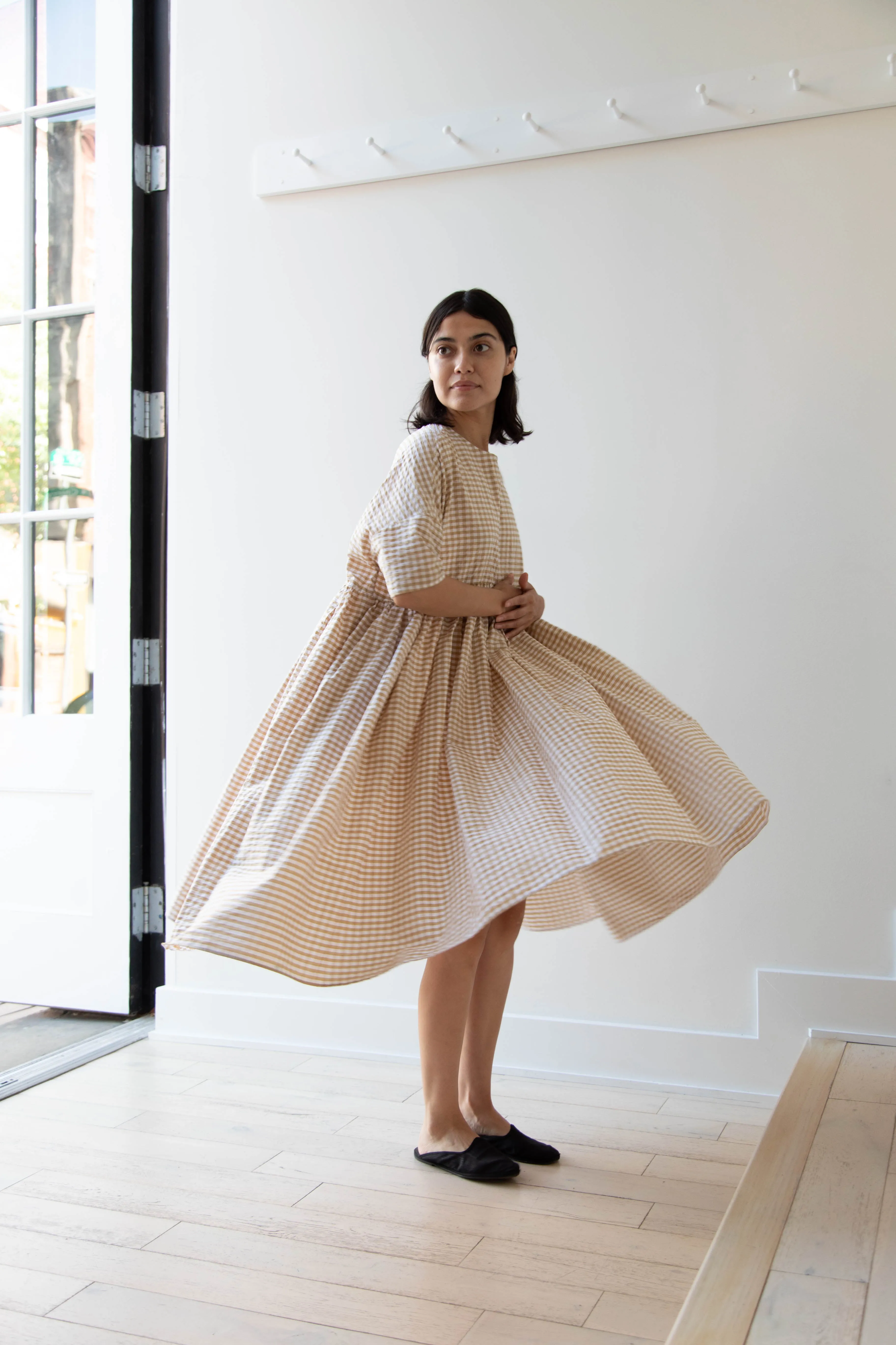 Gram | Ripple Gingham Gather Dress in Ochre