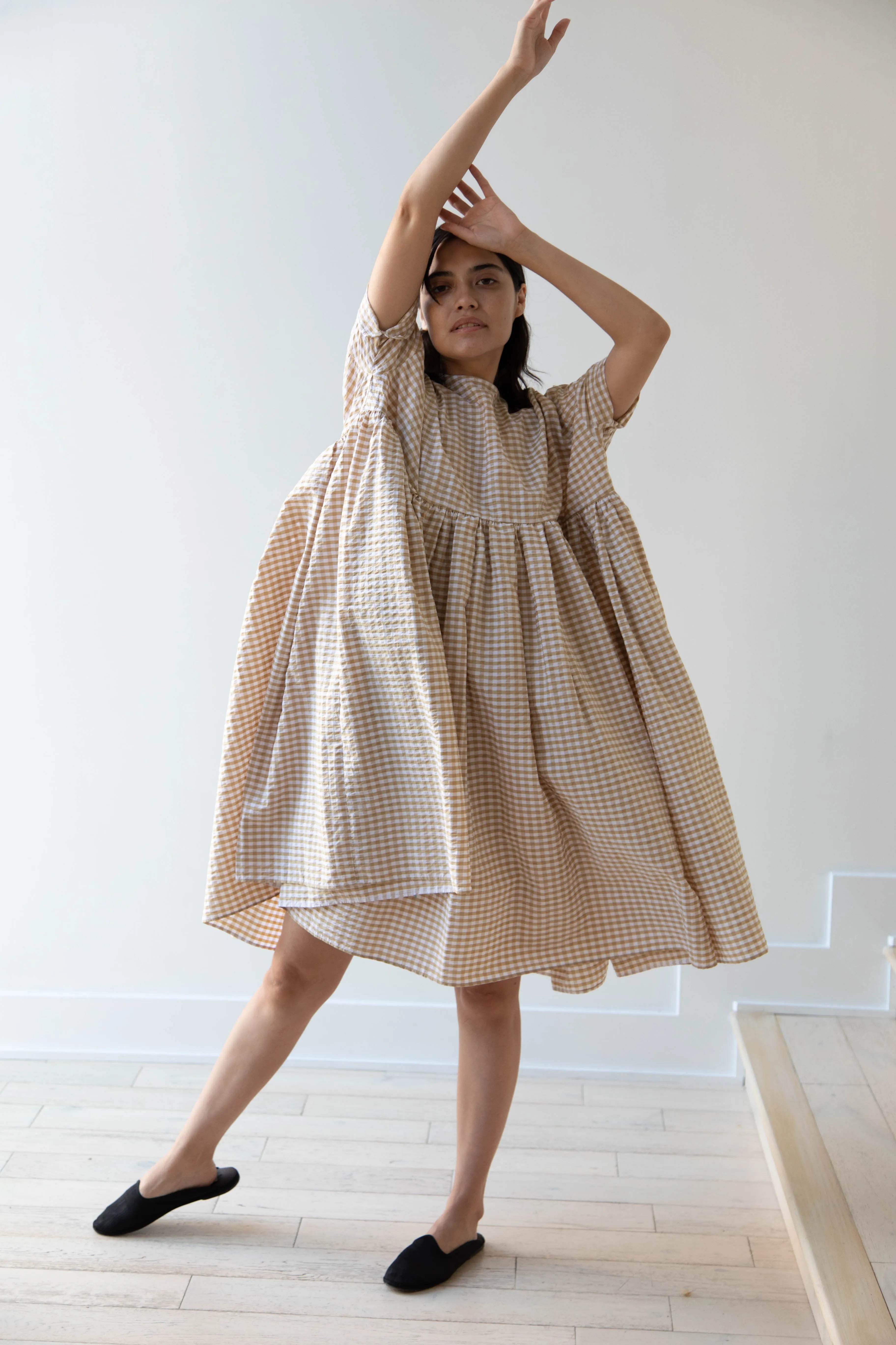 Gram | Ripple Gingham Gather Dress in Ochre