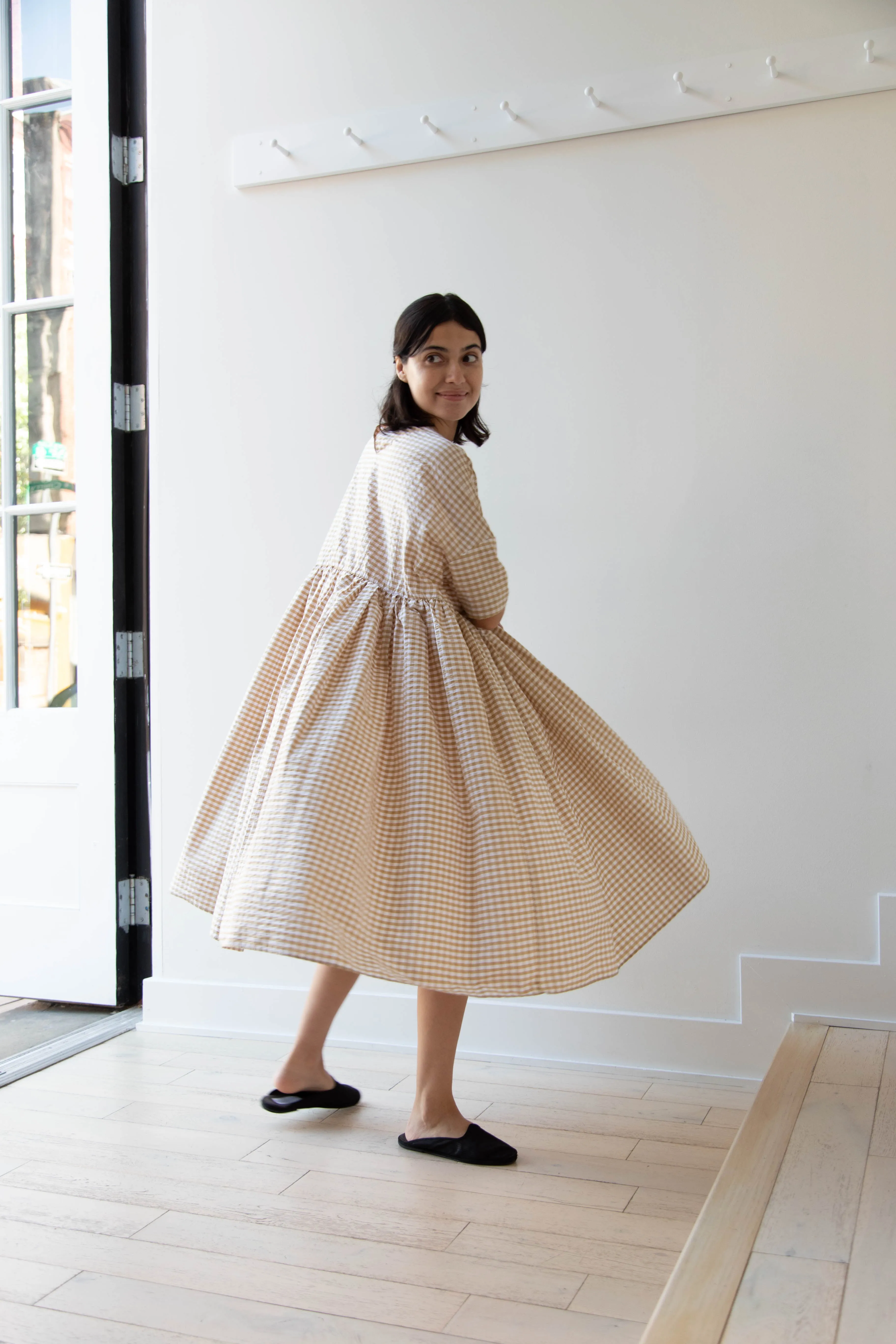 Gram | Ripple Gingham Gather Dress in Ochre