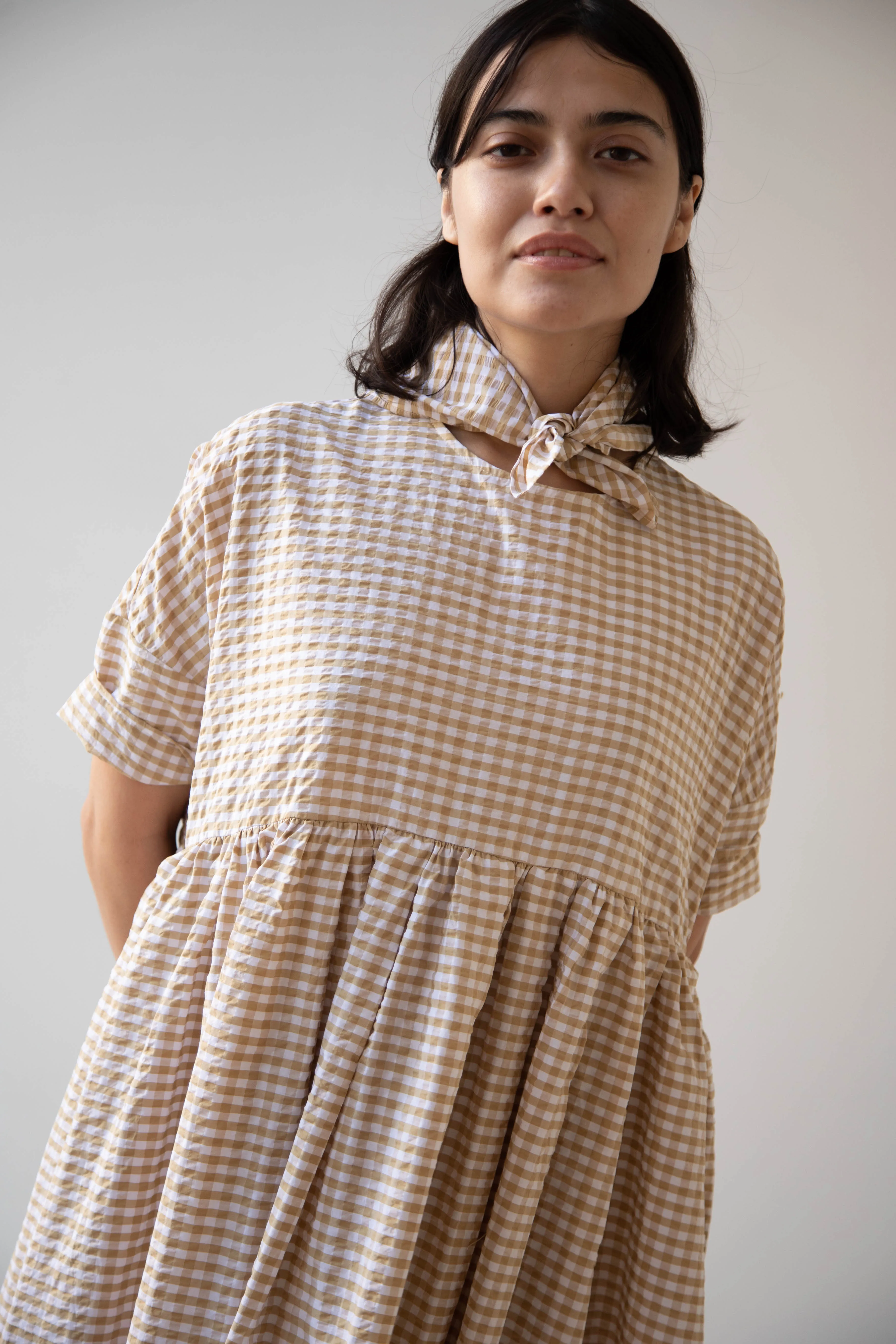 Gram | Ripple Gingham Gather Dress in Ochre