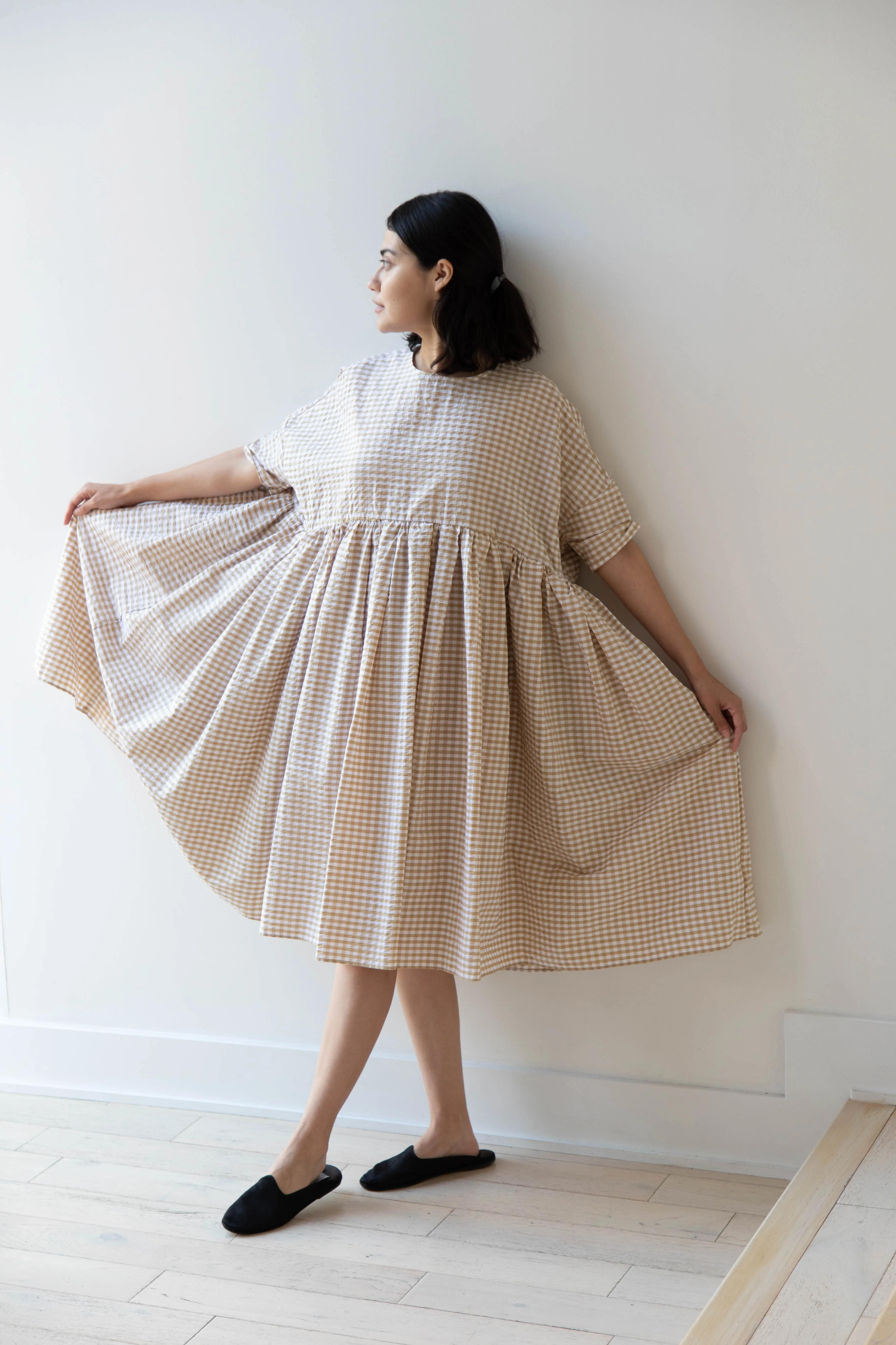Gram | Ripple Gingham Gather Dress in Ochre