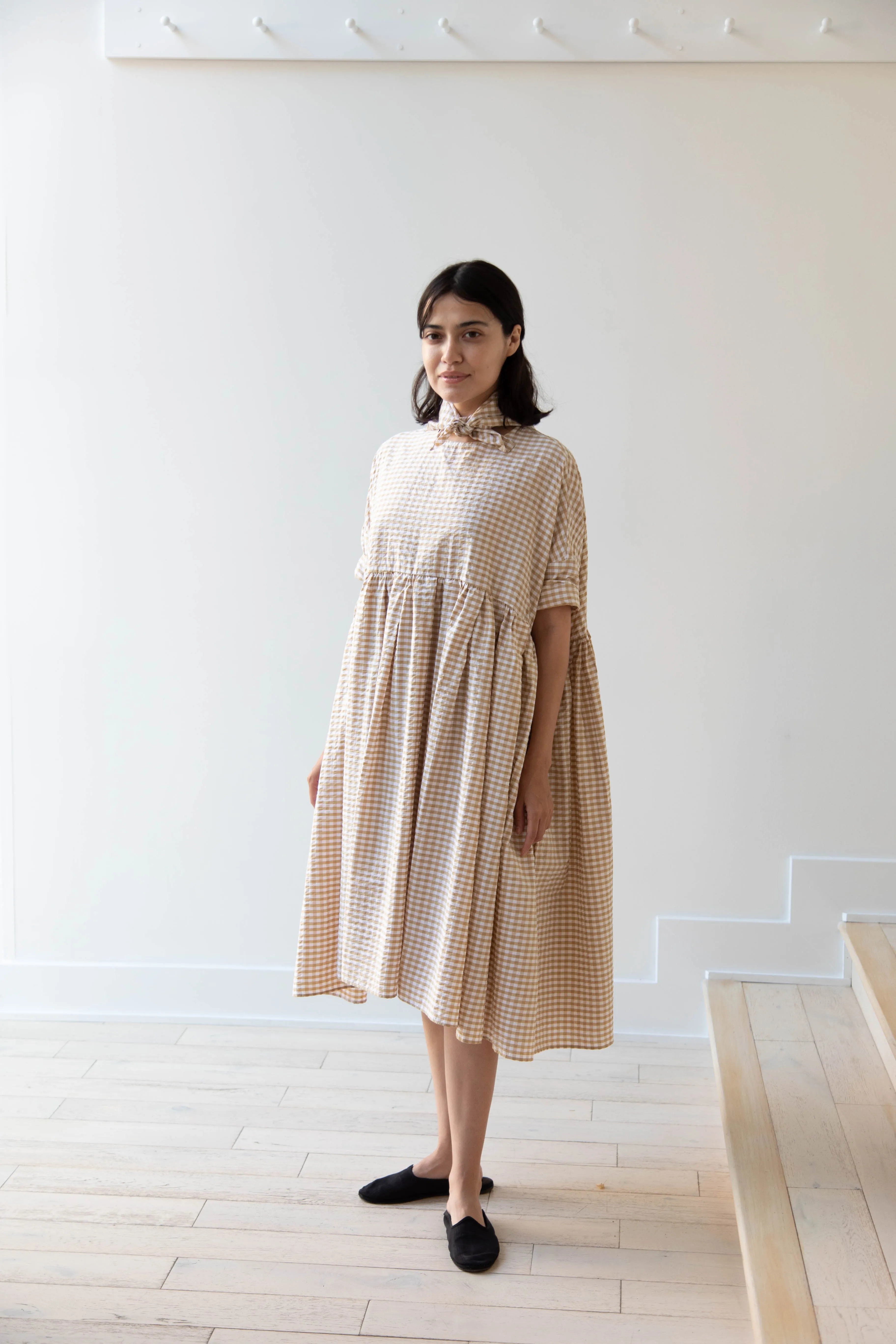 Gram | Ripple Gingham Gather Dress in Ochre