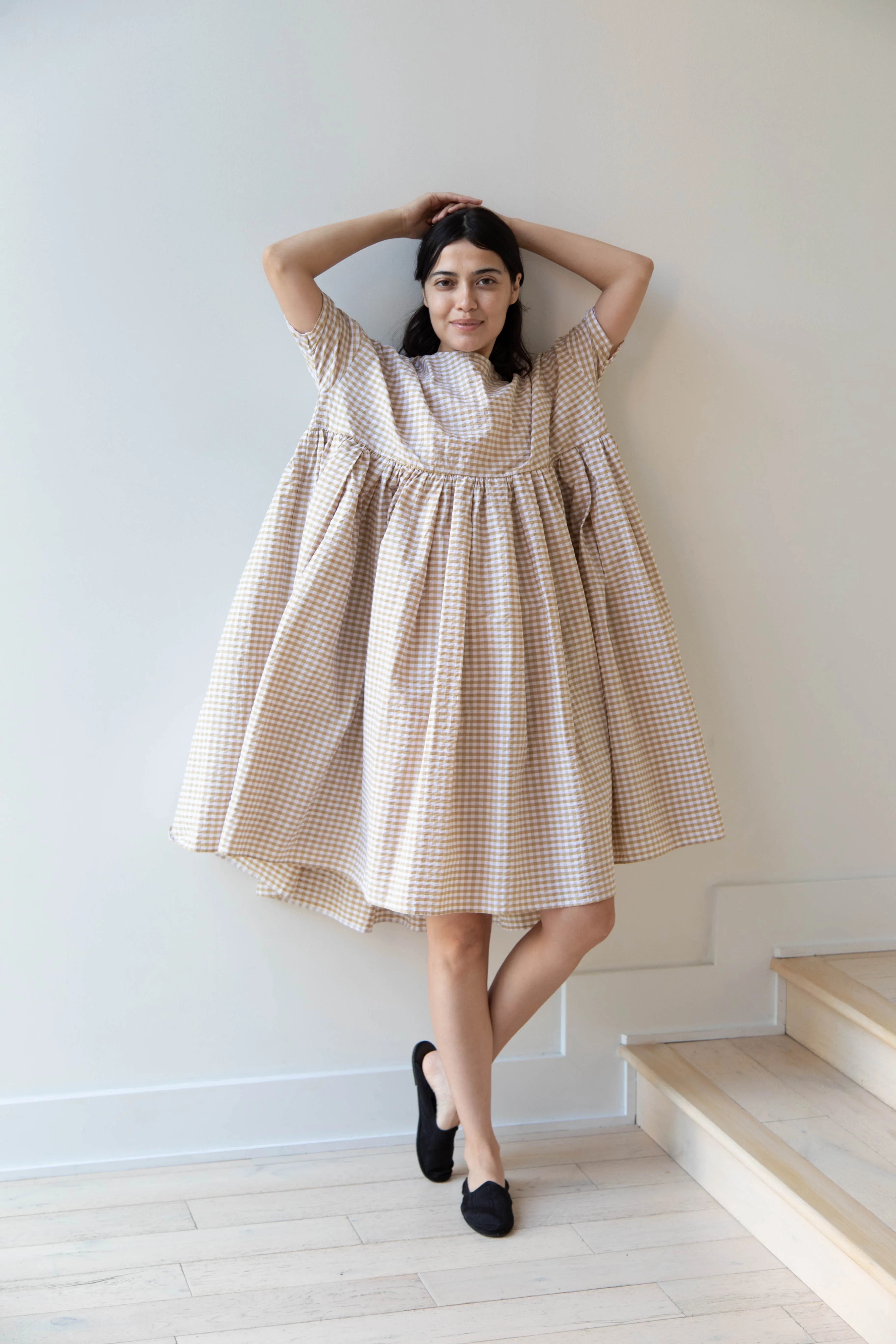 Gram | Ripple Gingham Gather Dress in Ochre