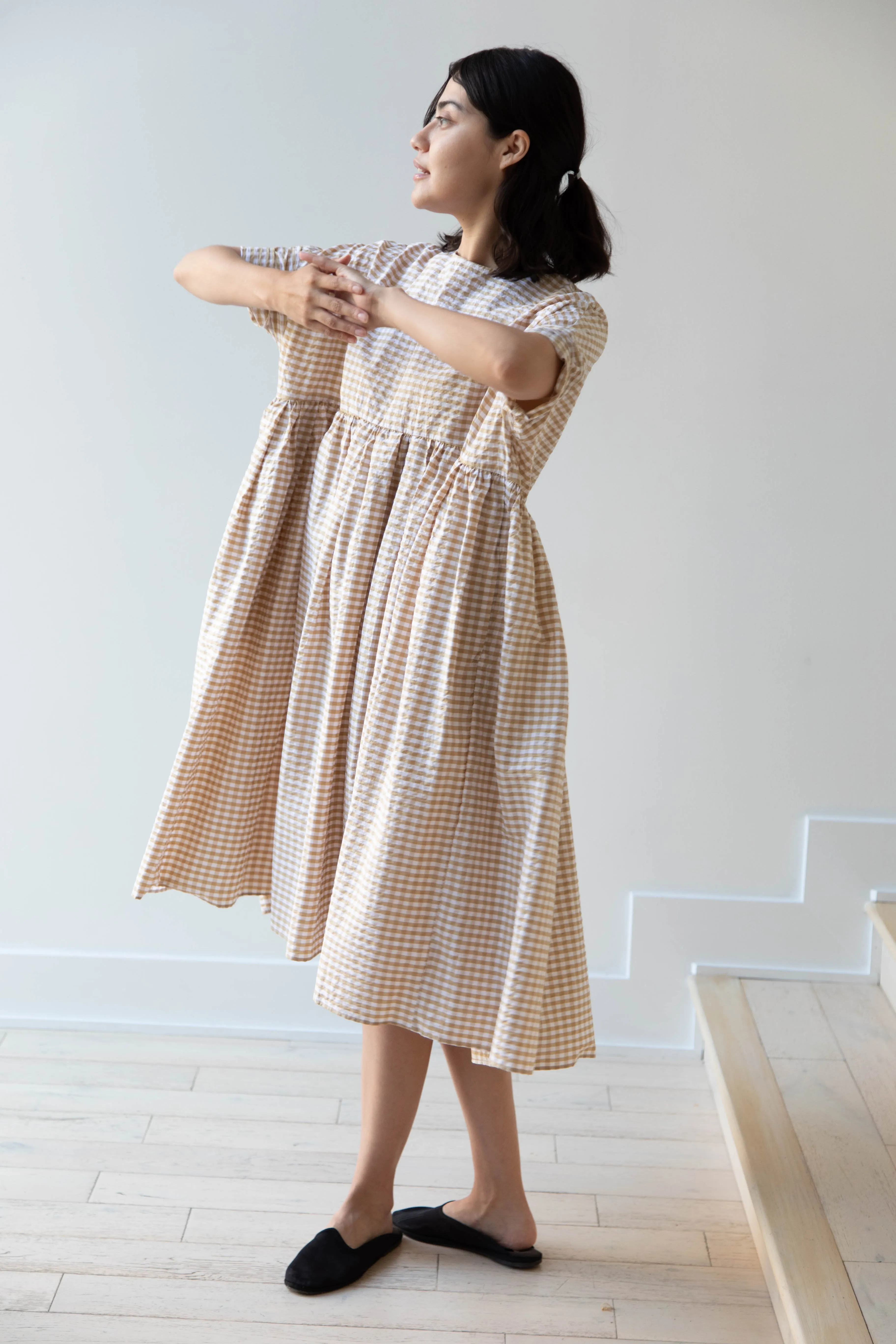 Gram | Ripple Gingham Gather Dress in Ochre