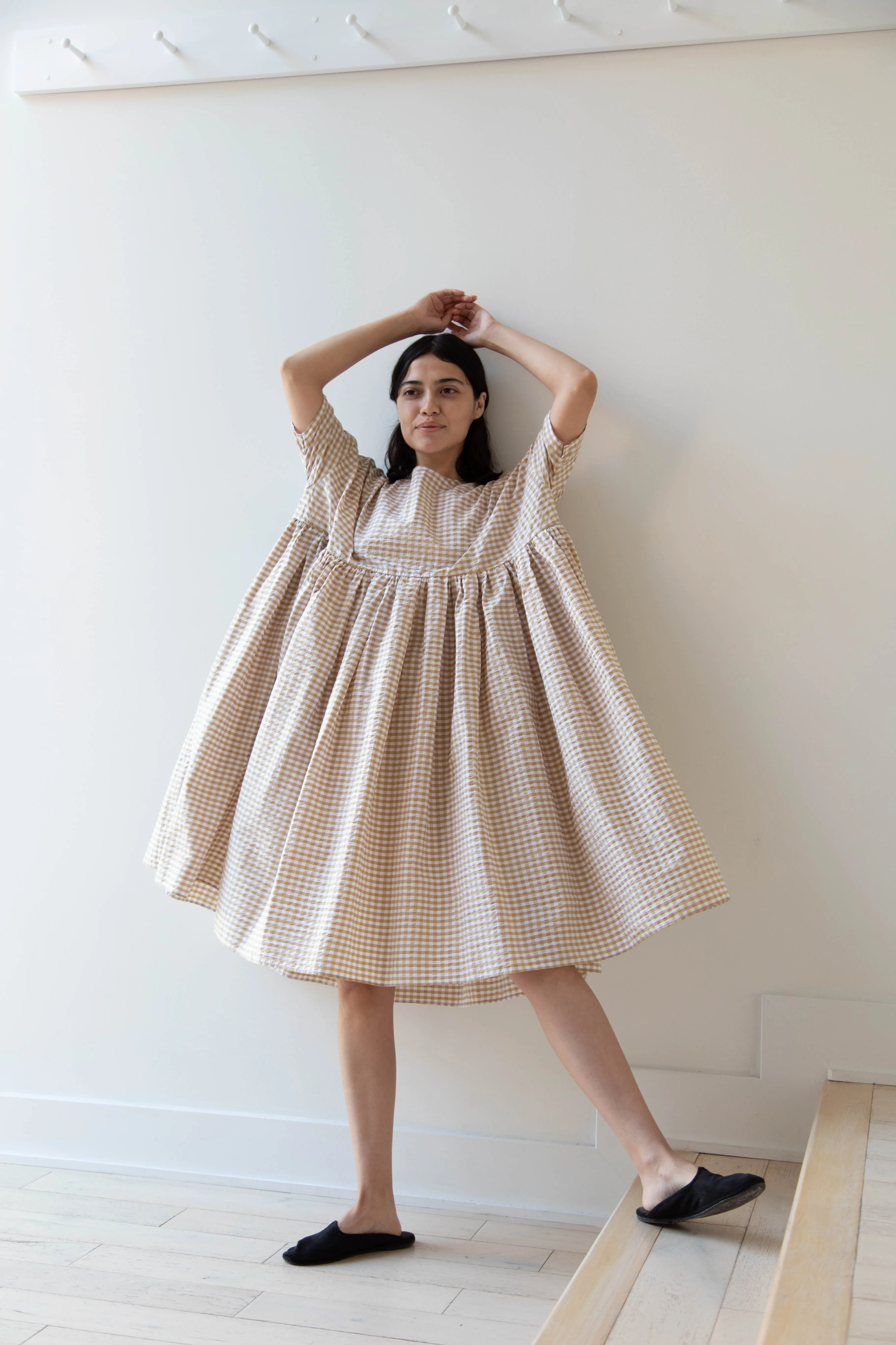 Gram | Ripple Gingham Gather Dress in Ochre