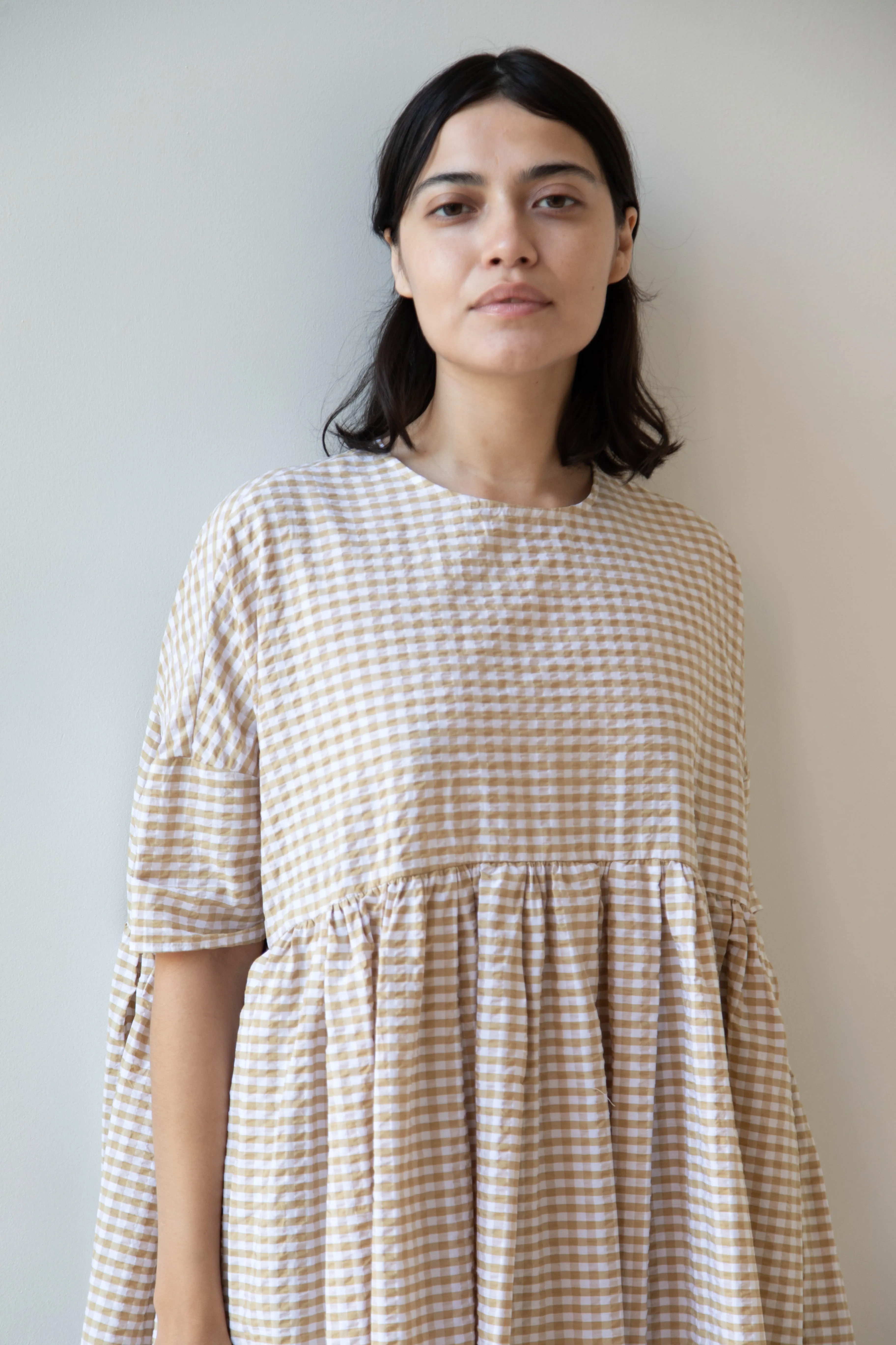Gram | Ripple Gingham Gather Dress in Ochre