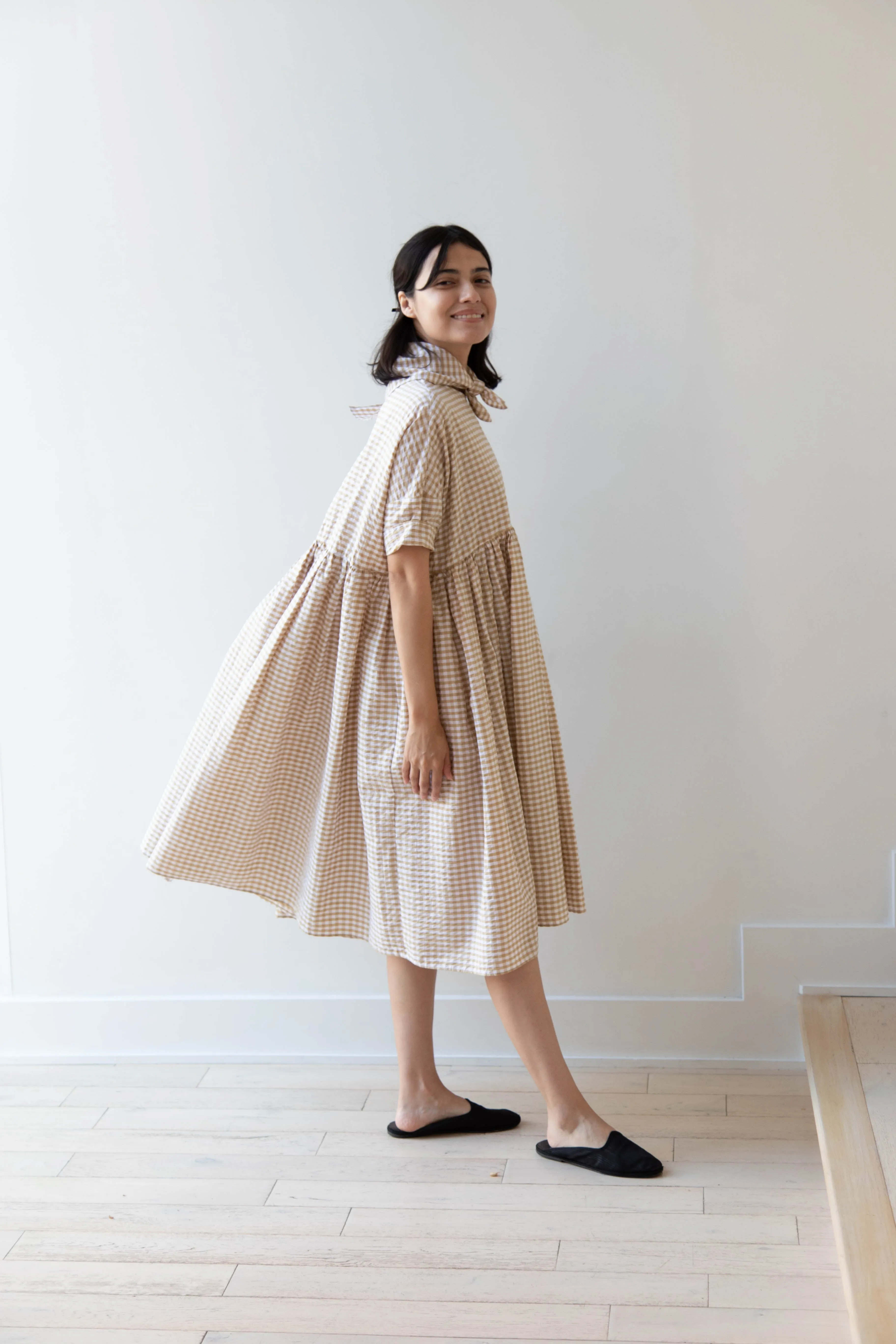 Gram | Ripple Gingham Gather Dress in Ochre