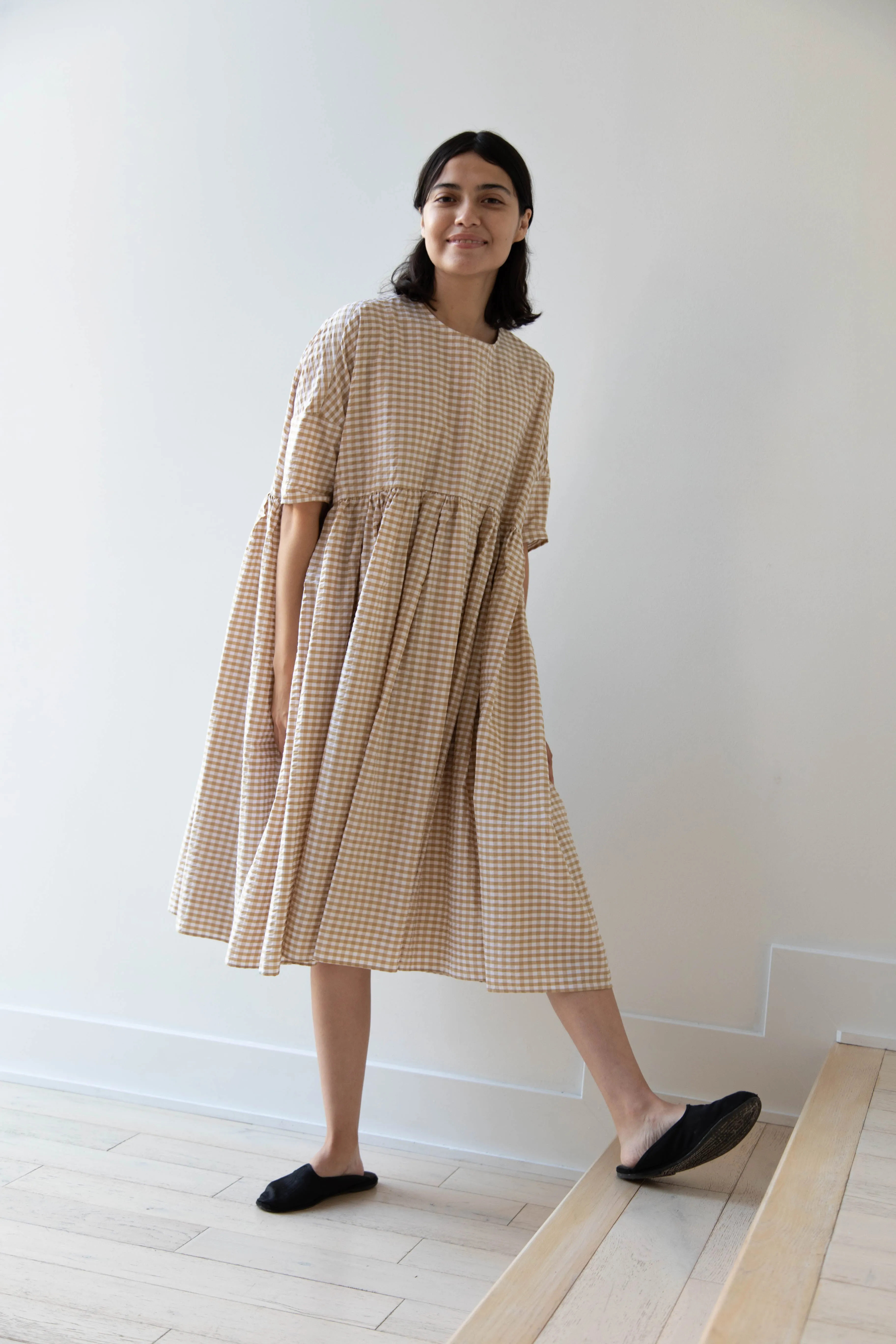Gram | Ripple Gingham Gather Dress in Ochre