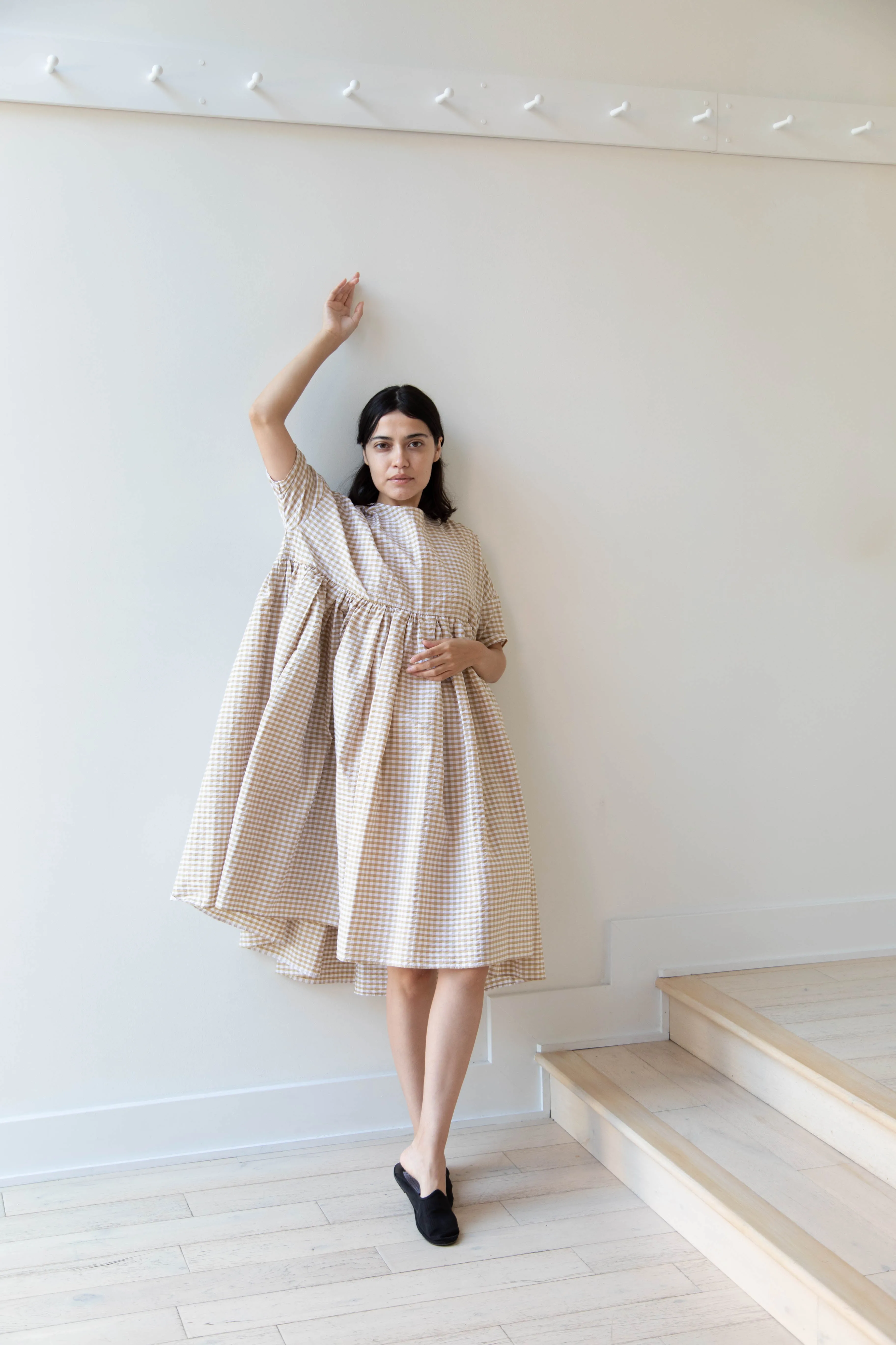 Gram | Ripple Gingham Gather Dress in Ochre