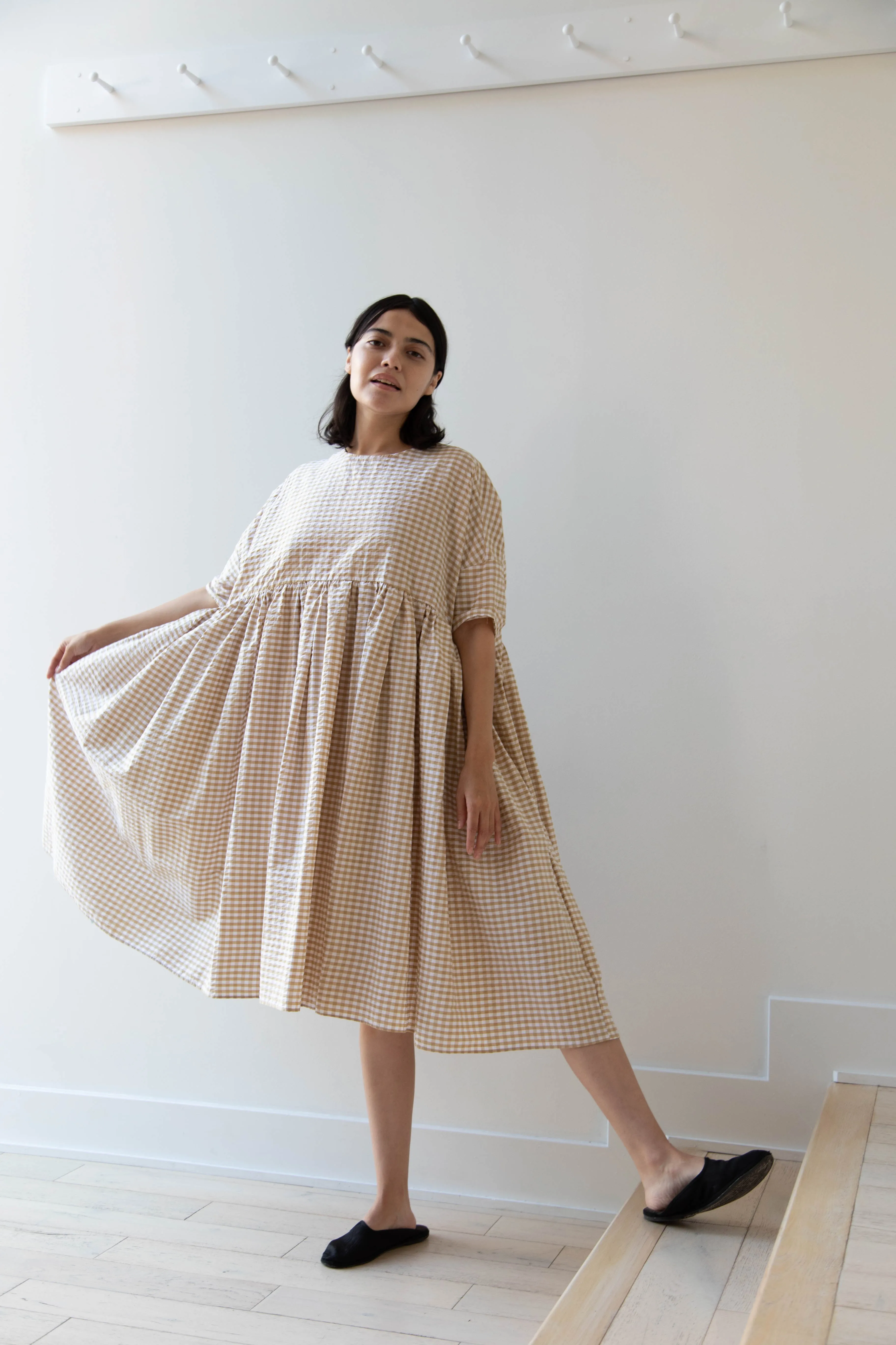 Gram | Ripple Gingham Gather Dress in Ochre