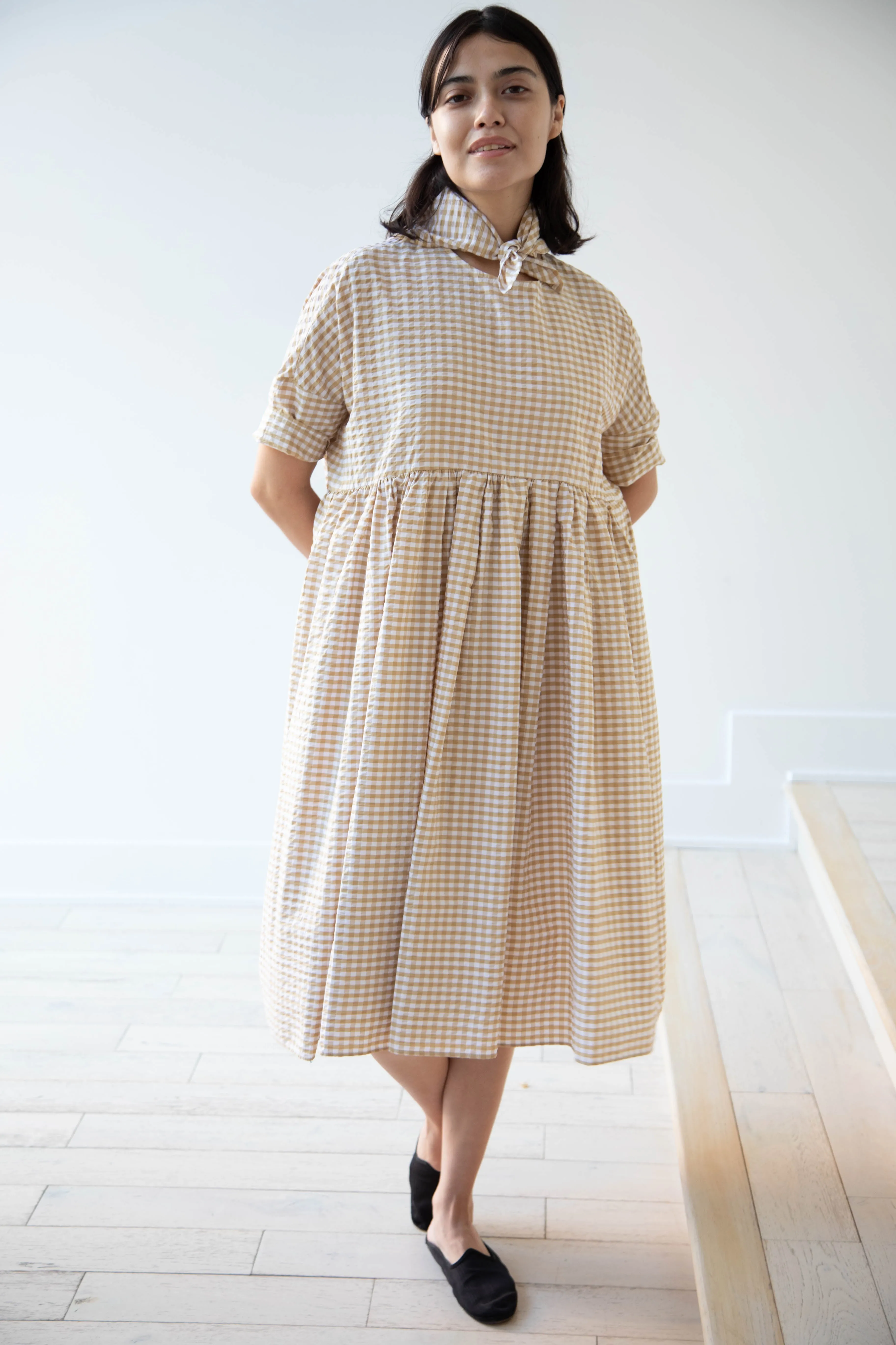 Gram | Ripple Gingham Gather Dress in Ochre