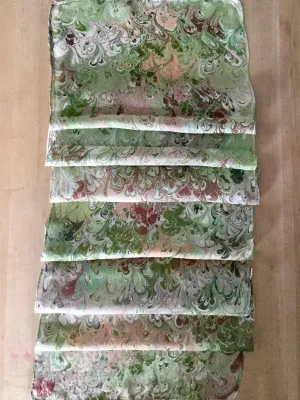 Green Beige Bouquet Patterned Habotai Silk 14x72"
