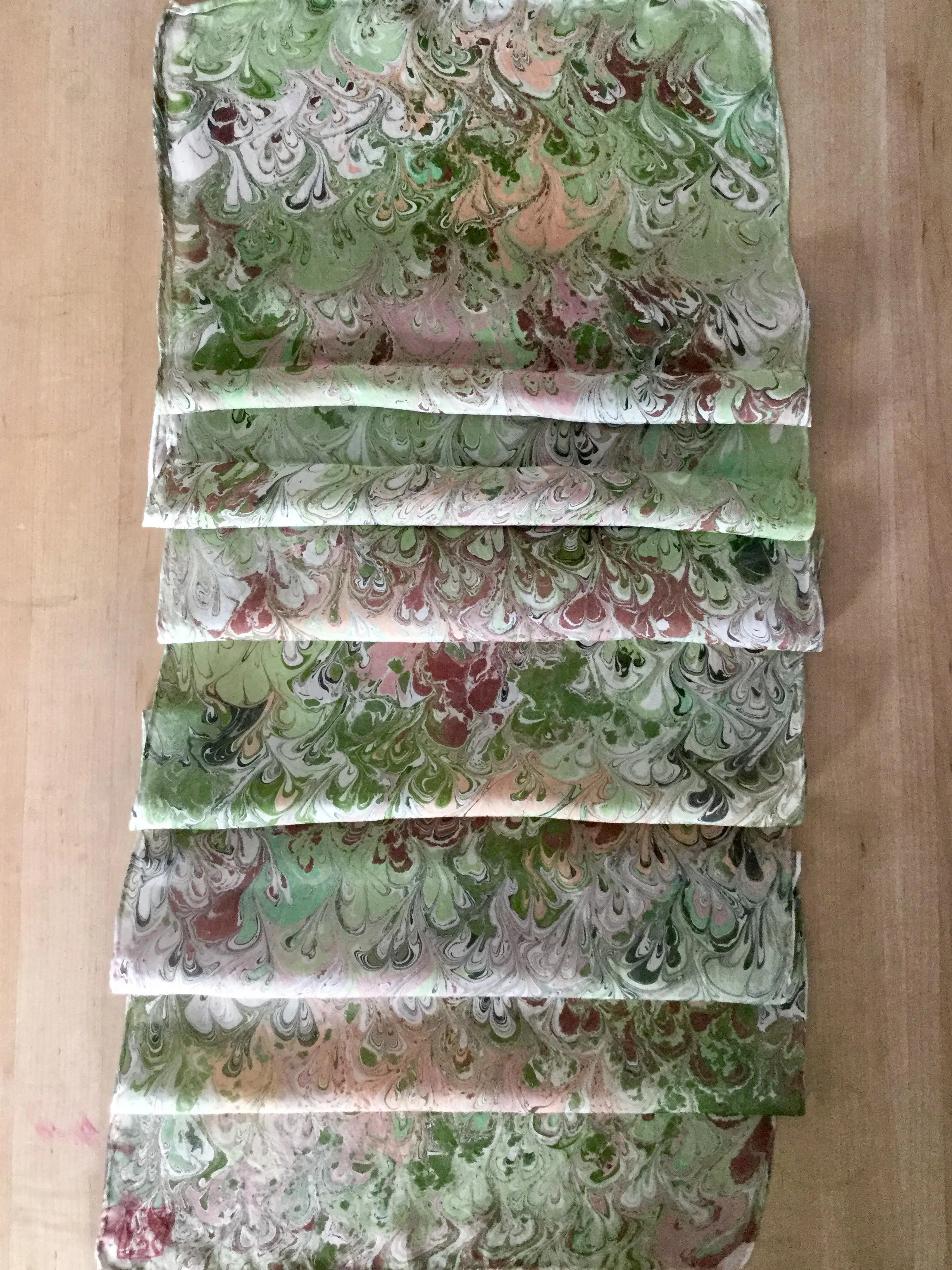 Green Beige Bouquet Patterned Habotai Silk 14x72"