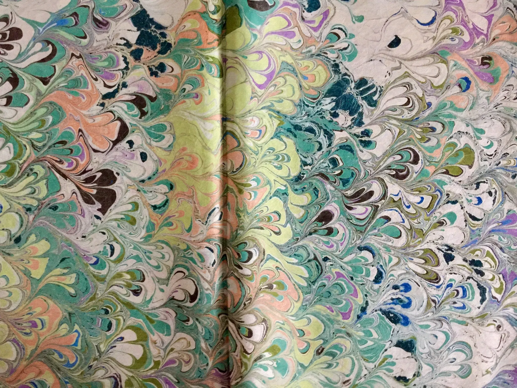 Green blue peach bouquet marbled Habotai Silk 14x72"