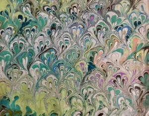 Green blue peach bouquet marbled Habotai Silk 14x72"