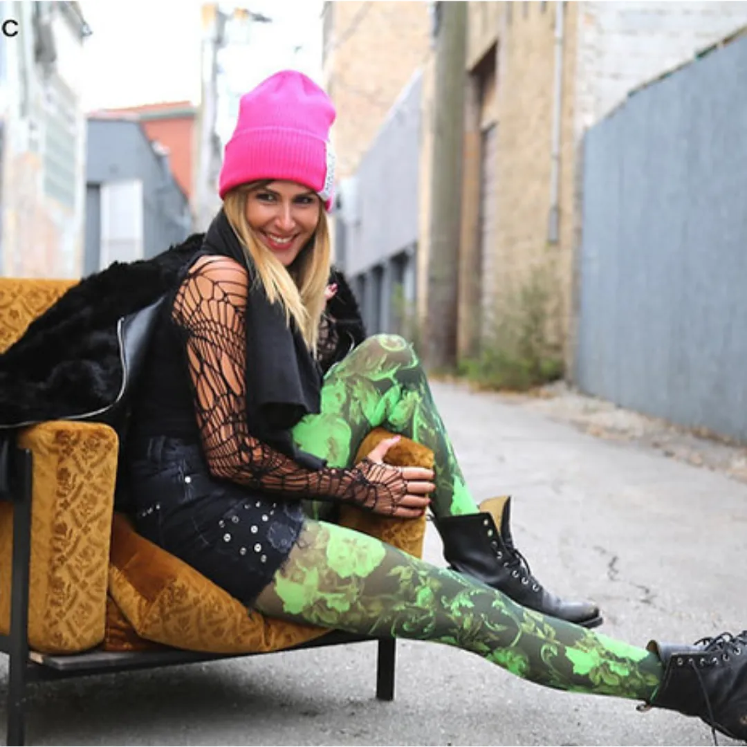 Green Floral Printed Footed Tights