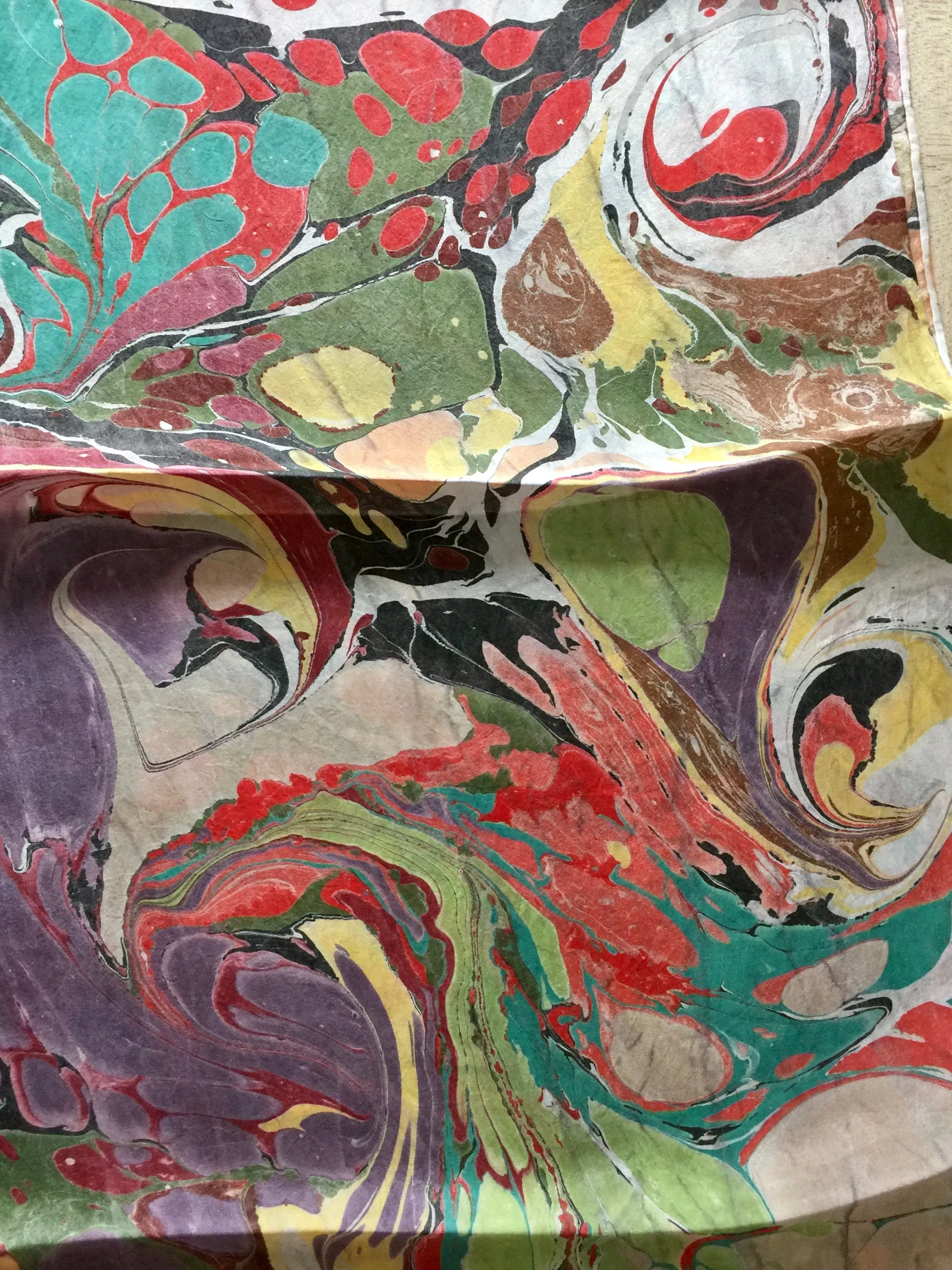 Green purple gray marbled Habotai Silk 14x72"