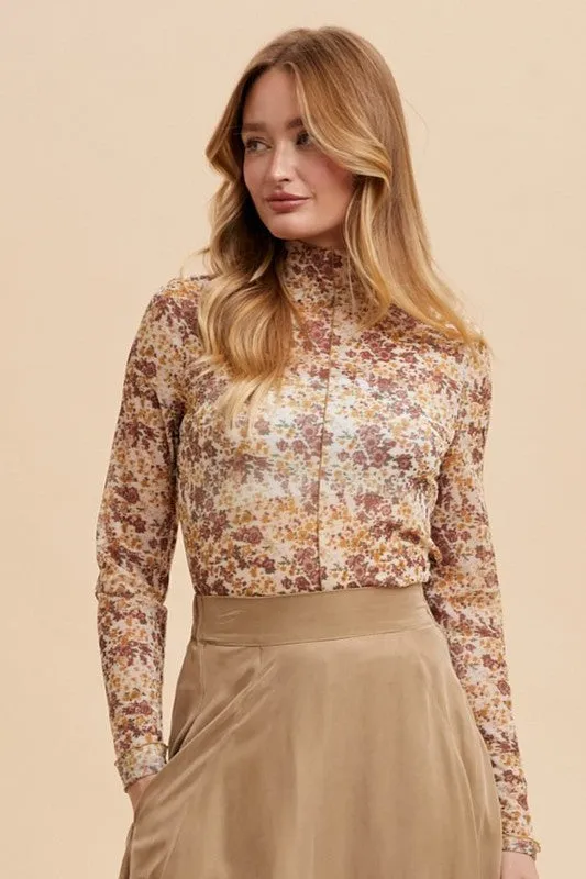 Hazel Blues® |  Annie Wear Floral Lettuce Hem Sheer Mesh Top