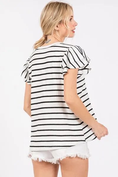 Hazel Blues® |  Ces Femme Ruffled Striped Round Neck Short Sleeve Blouse