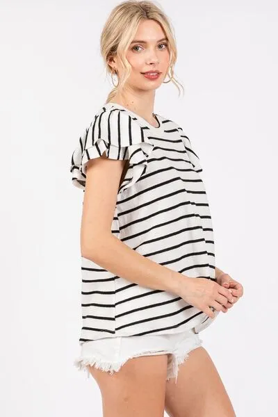 Hazel Blues® |  Ces Femme Ruffled Striped Round Neck Short Sleeve Blouse