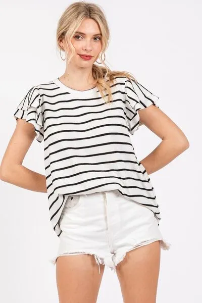 Hazel Blues® |  Ces Femme Ruffled Striped Round Neck Short Sleeve Blouse