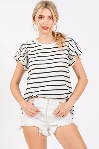 Hazel Blues® |  Ces Femme Ruffled Striped Round Neck Short Sleeve Blouse