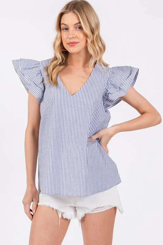Hazel Blues® |  Ces Femme Striped V-Neck Ruffled Cap Sleeve Blouse