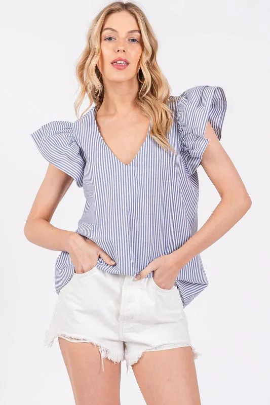Hazel Blues® |  Ces Femme Striped V-Neck Ruffled Cap Sleeve Blouse