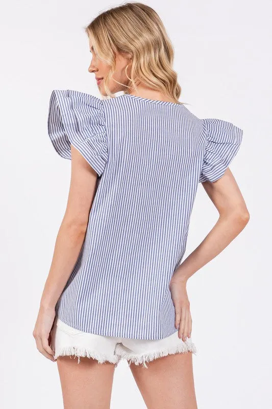 Hazel Blues® |  Ces Femme Striped V-Neck Ruffled Cap Sleeve Blouse