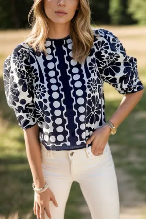 Hazel Blues® |  Printed Round Neck Half Sleeve Blouse