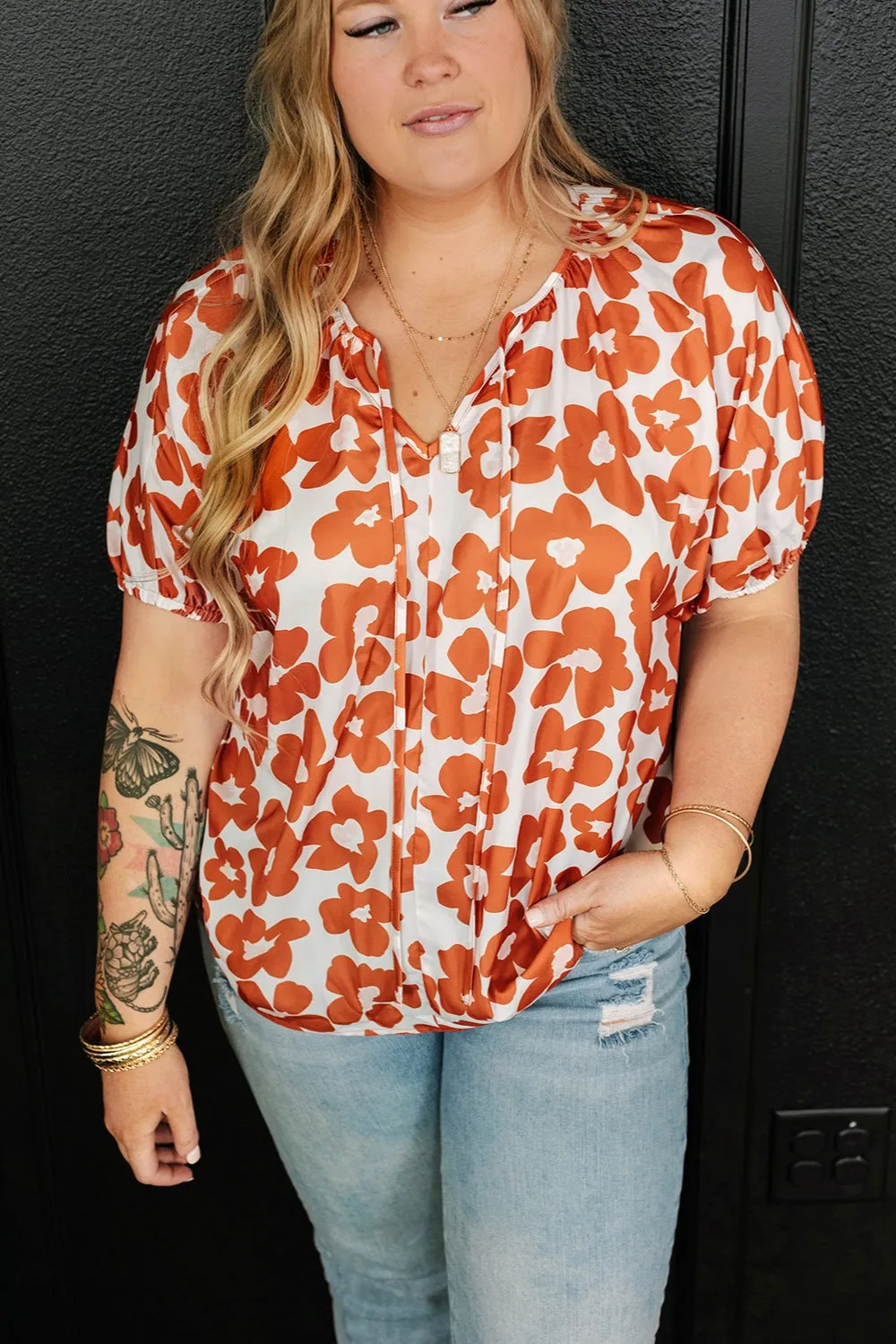 Hazel Blues® | Printed Tie Neck Short Sleeve Blouse
