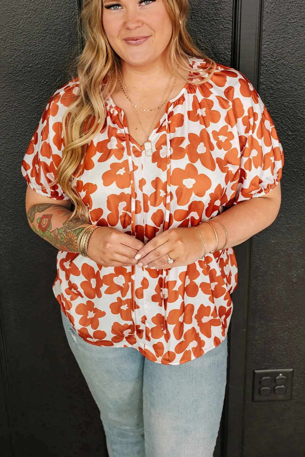Hazel Blues® | Printed Tie Neck Short Sleeve Blouse