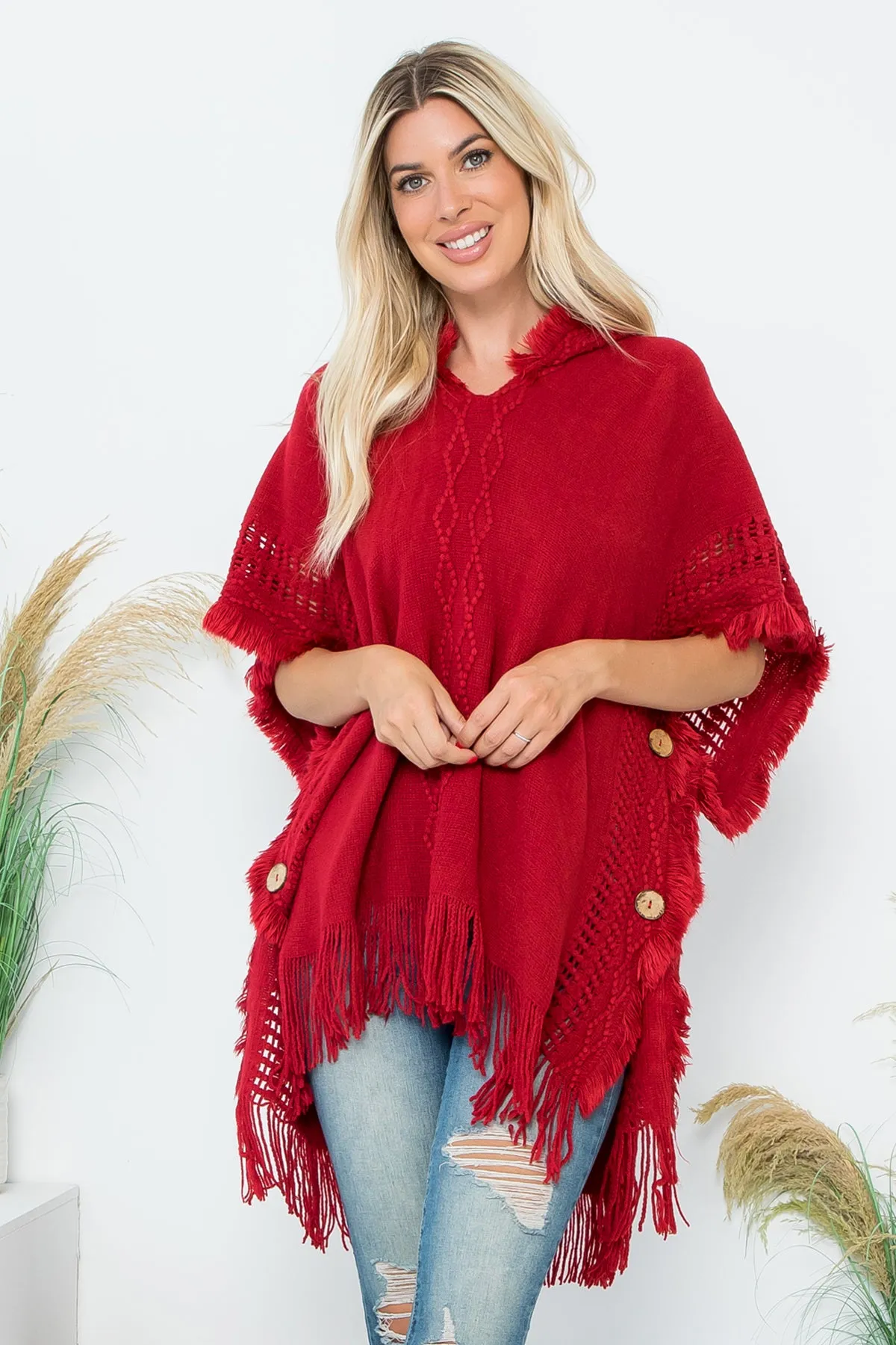 HDF4000 - DIAMOND PATTERN KNITTED FRINGE WARMER PONCHO