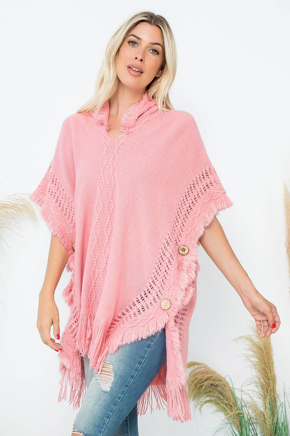 HDF4000 - DIAMOND PATTERN KNITTED FRINGE WARMER PONCHO