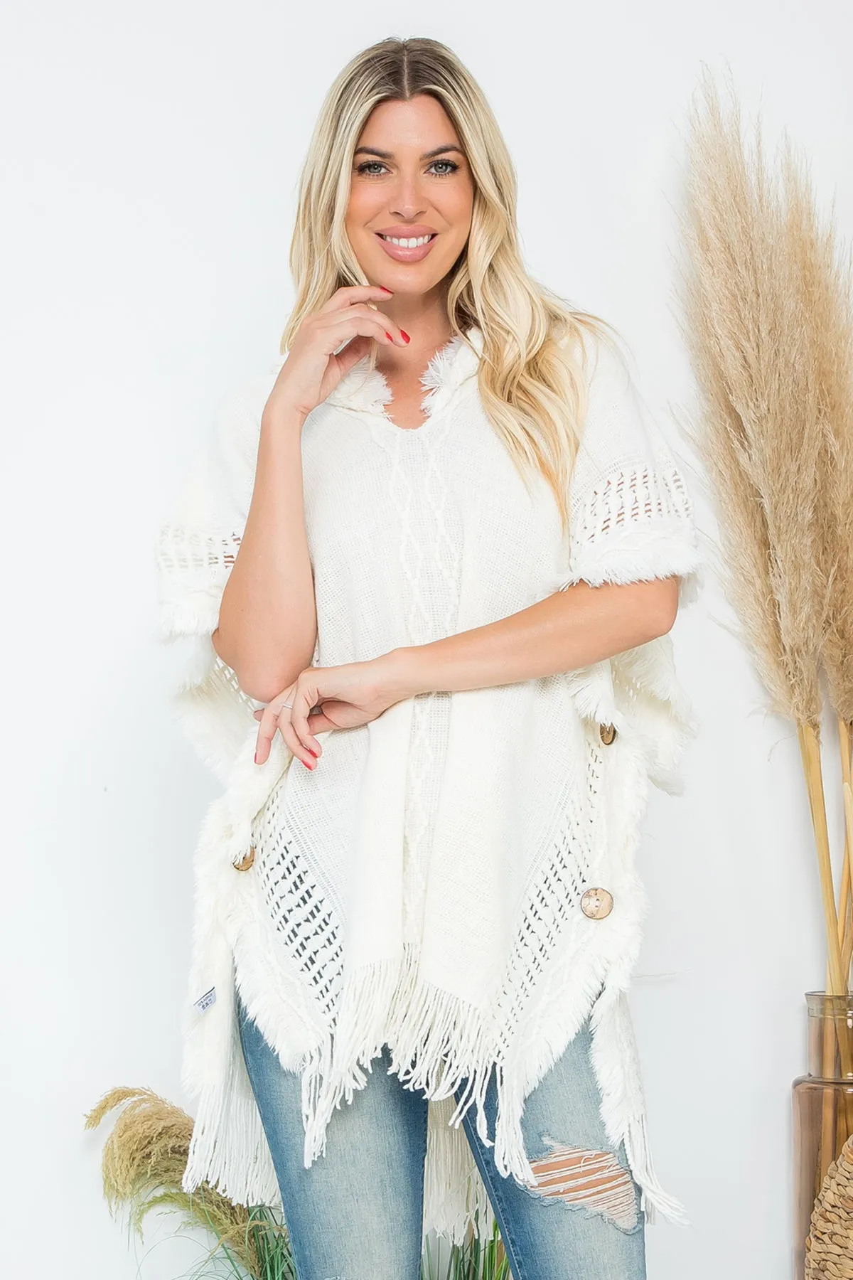HDF4000 - DIAMOND PATTERN KNITTED FRINGE WARMER PONCHO