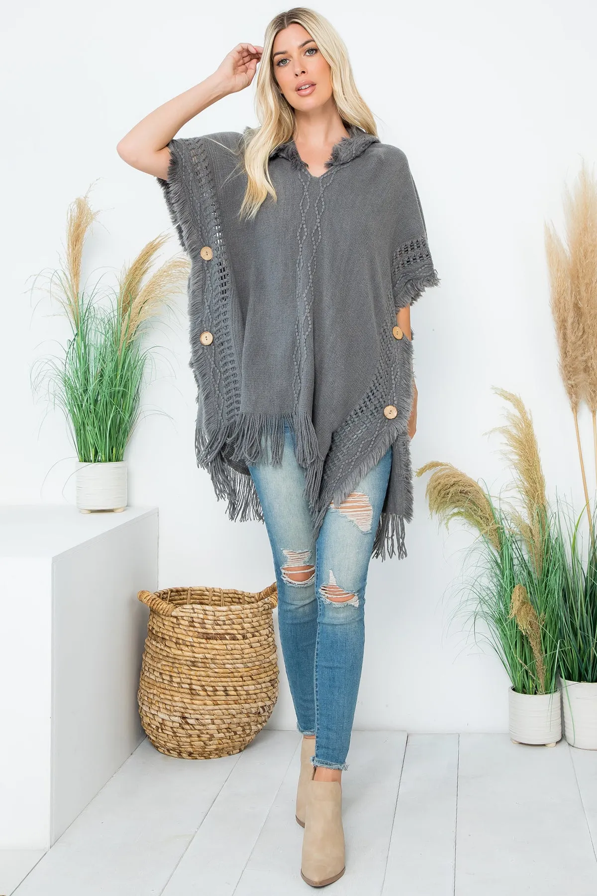 HDF4000 - DIAMOND PATTERN KNITTED FRINGE WARMER PONCHO