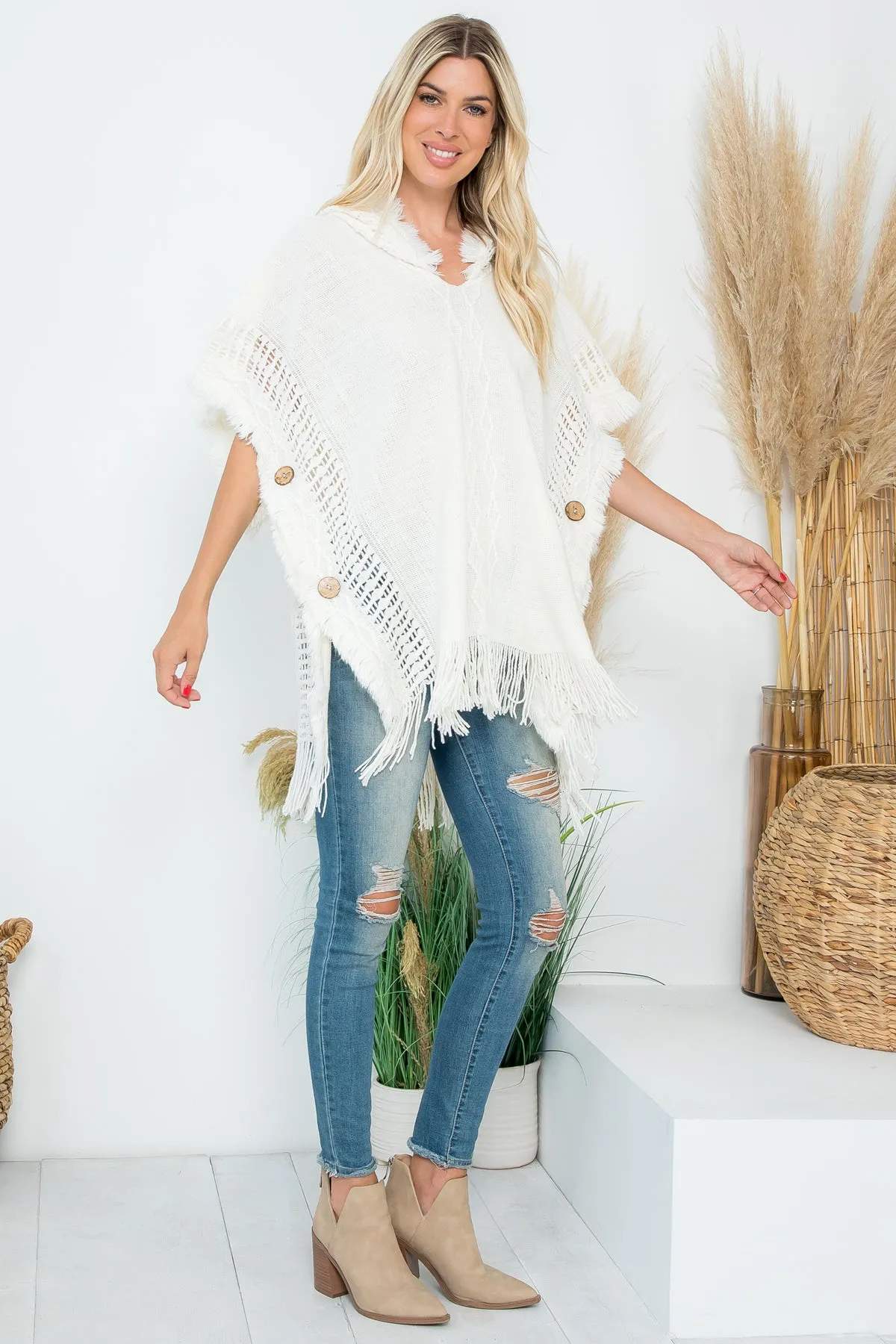 HDF4000 - DIAMOND PATTERN KNITTED FRINGE WARMER PONCHO