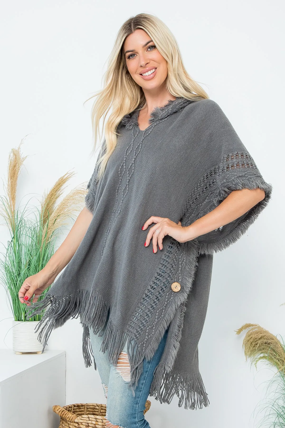 HDF4000 - DIAMOND PATTERN KNITTED FRINGE WARMER PONCHO