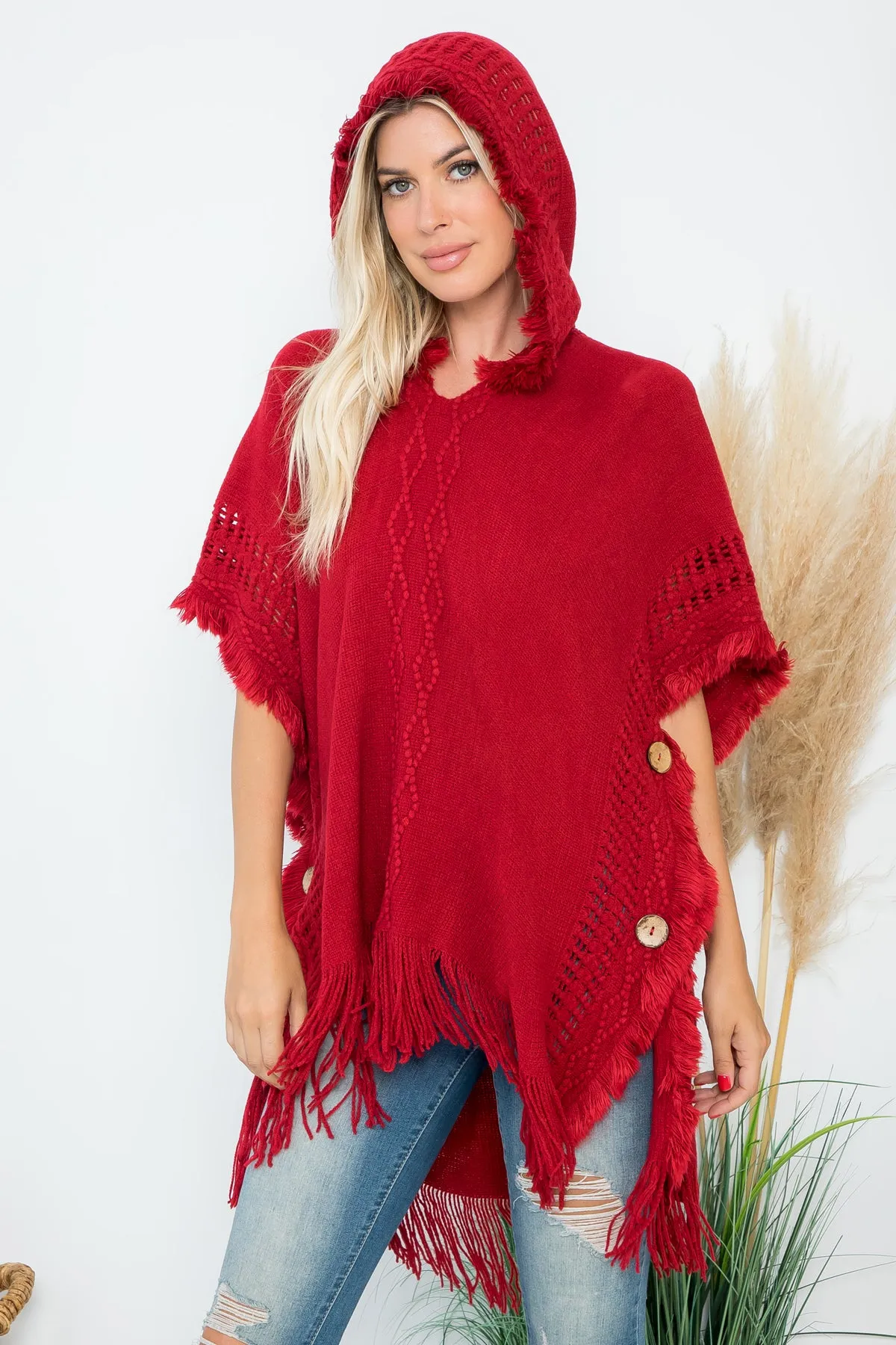 HDF4000 - DIAMOND PATTERN KNITTED FRINGE WARMER PONCHO